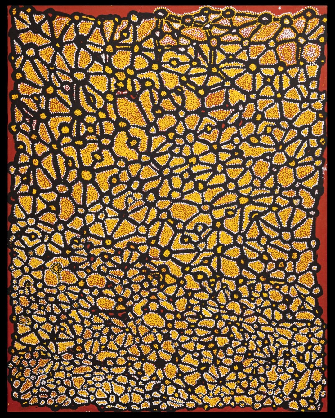 Collaborative Spinifex Aboriginal painting featuring interconnected sacred sites, Songlines, and ancestral pathways across the Great Victoria Desert, rendered in yellow, white, black, and red.