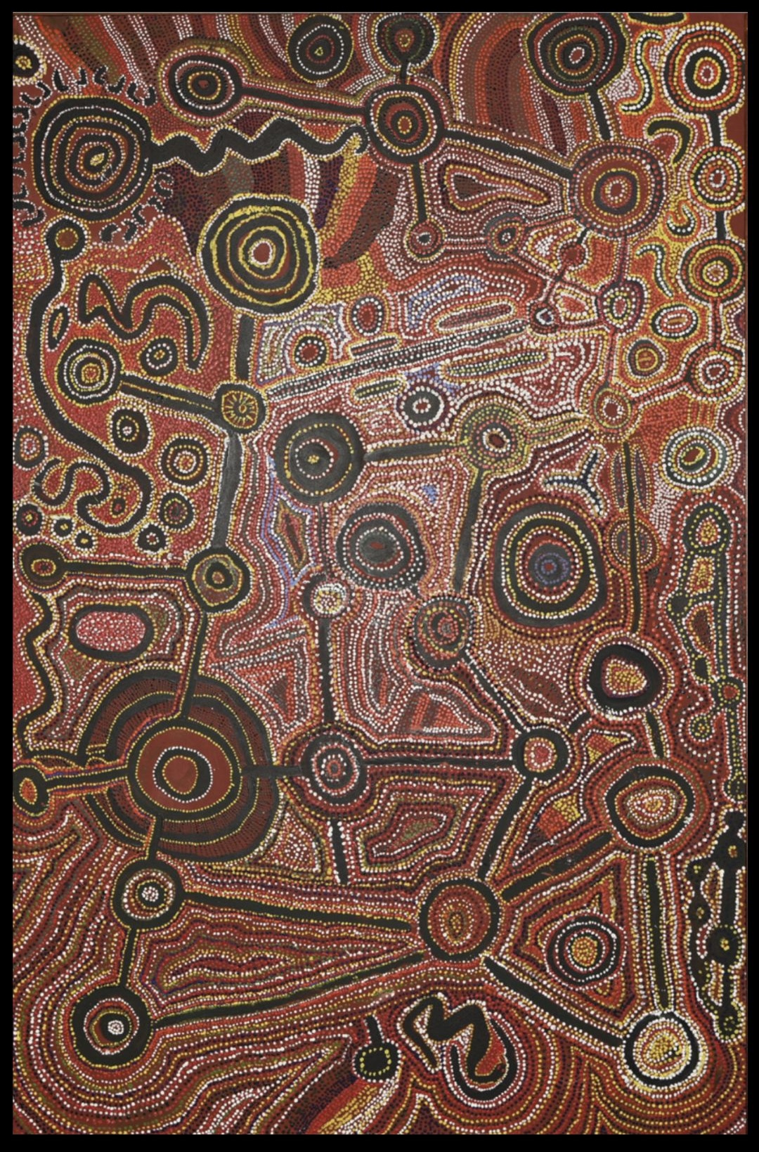 Men's Native Title Painting created by senior Spinifex men in 1998, depicting interconnected sacred sites, Songlines, ceremonial pathways, and custodial responsibilities across Spinifex Country.