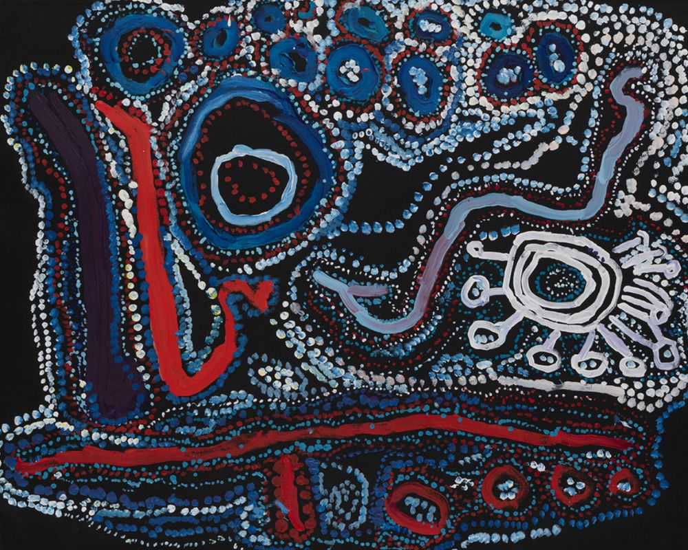 Aboriginal painting by Lawrence Pennington depicting Walawuru (Wedge-tailed Eagle) Dreaming using bold symbolic forms, concentric circles, and dotted pathways associated with Spinifex Country.