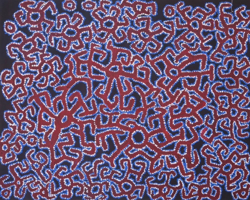 Aboriginal painting by Roy Underwood featuring interconnected ancestral pathways, ceremonial routes, and sacred sites across Spinifex Country rendered in red, blue, and white.
