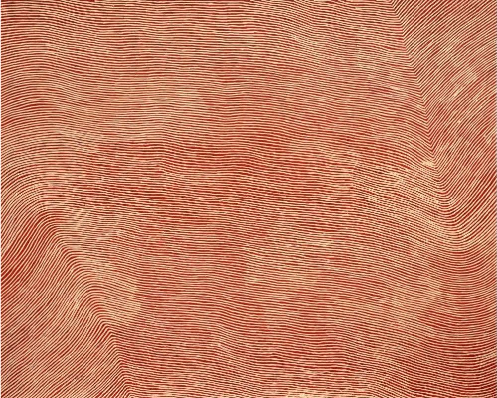 Aboriginal painting by George Tjungurrayi featuring thousands of finely painted red and cream lines forming a flowing geometric pattern inspired by ancestral journeys across the Western Desert.