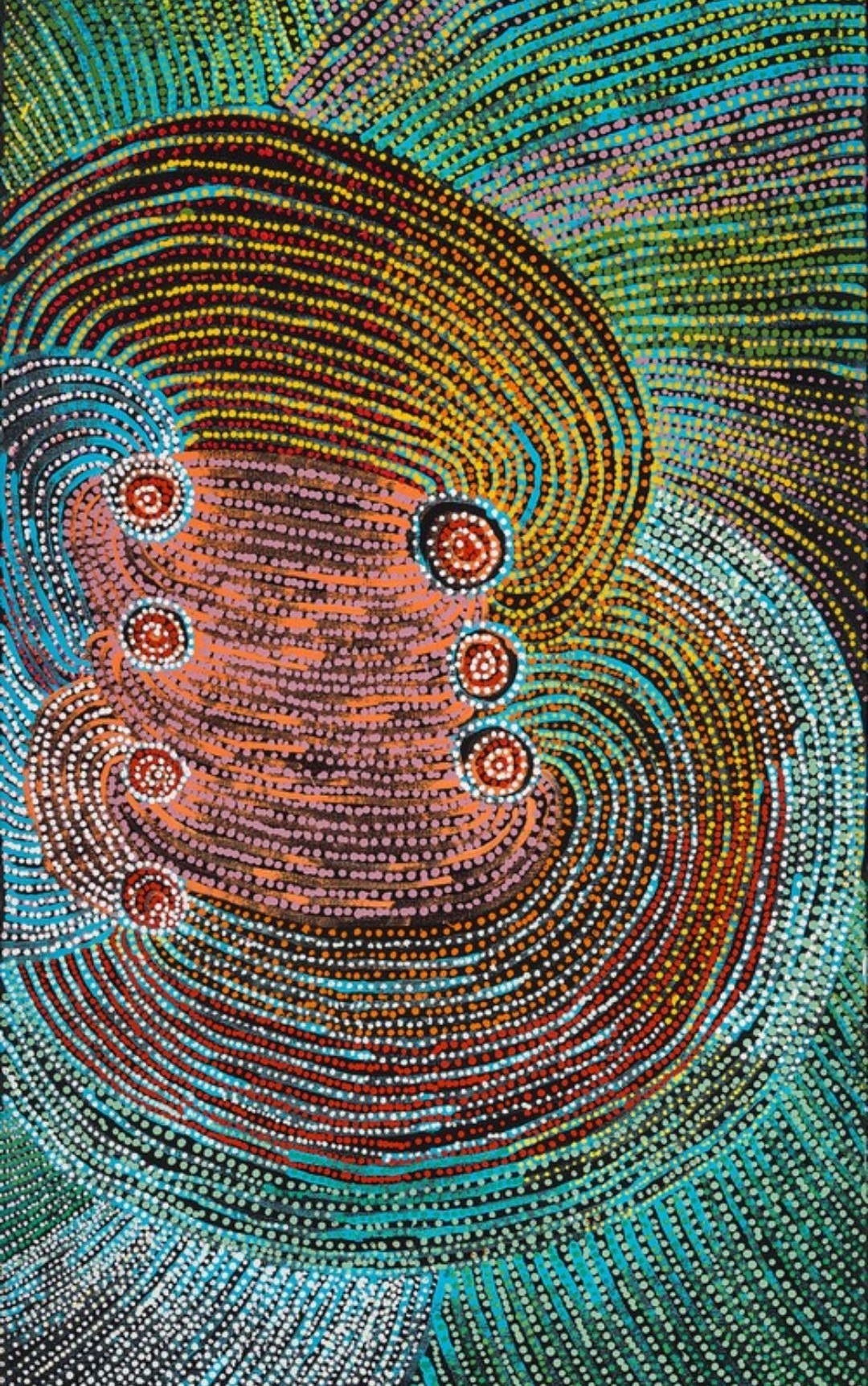 Vibrant Ngaanyatjarra Aboriginal painting featuring flowing concentric forms, interconnected pathways, and luminous turquoise, green, pink, and ochre dot patterns.