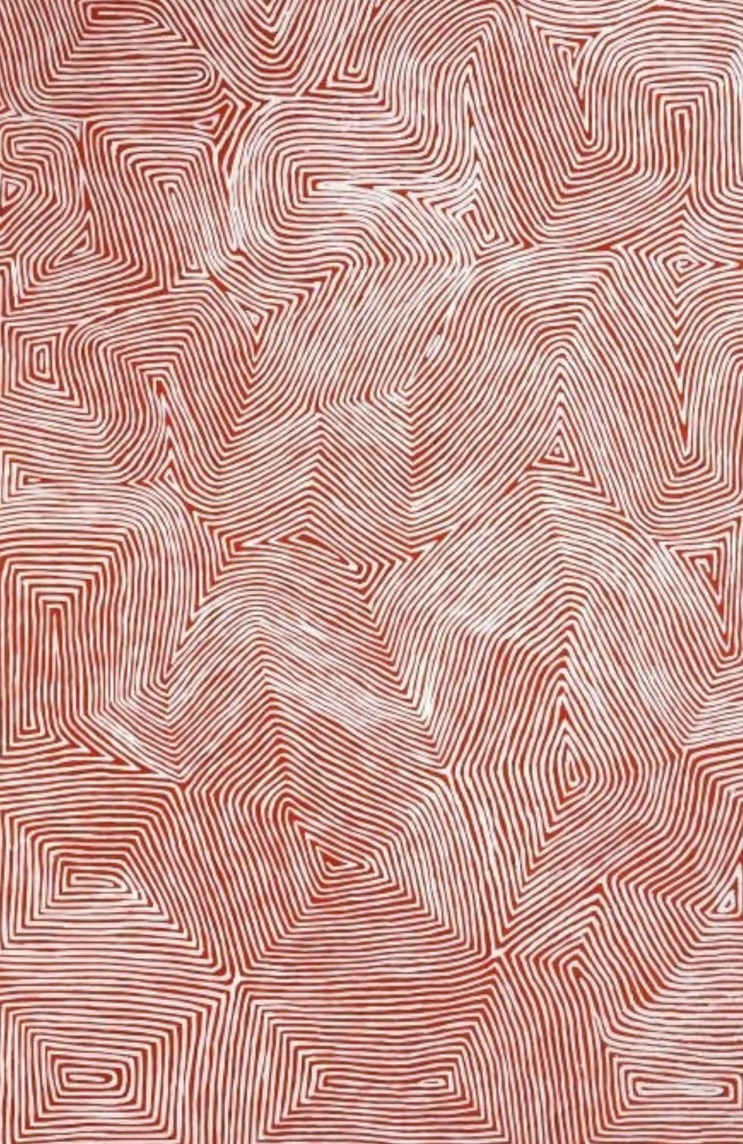 Aboriginal painting featuring intricate red and white linear patterns by George Tjungurrayi, representing ancestral pathways and movement across Western Desert Country.