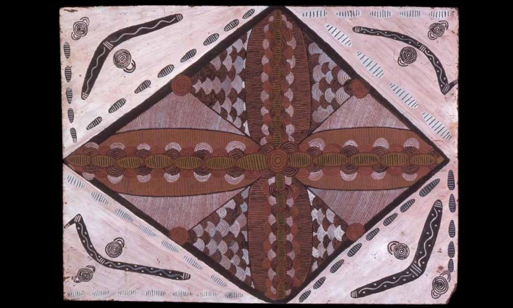 Early Papunya painting by Tim Leura Tjapaltjarri featuring symmetrical ceremonial structures, fine linework, and symbolic Western Desert imagery