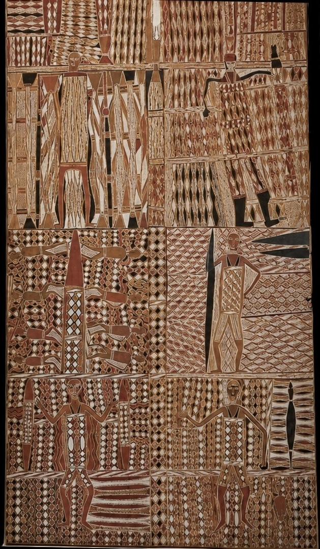 Yirritja moiety section of the Yirrkala Church Panels featuring sacred Yolŋu clan designs, miny’tji patterns, and rarrk crosshatching.