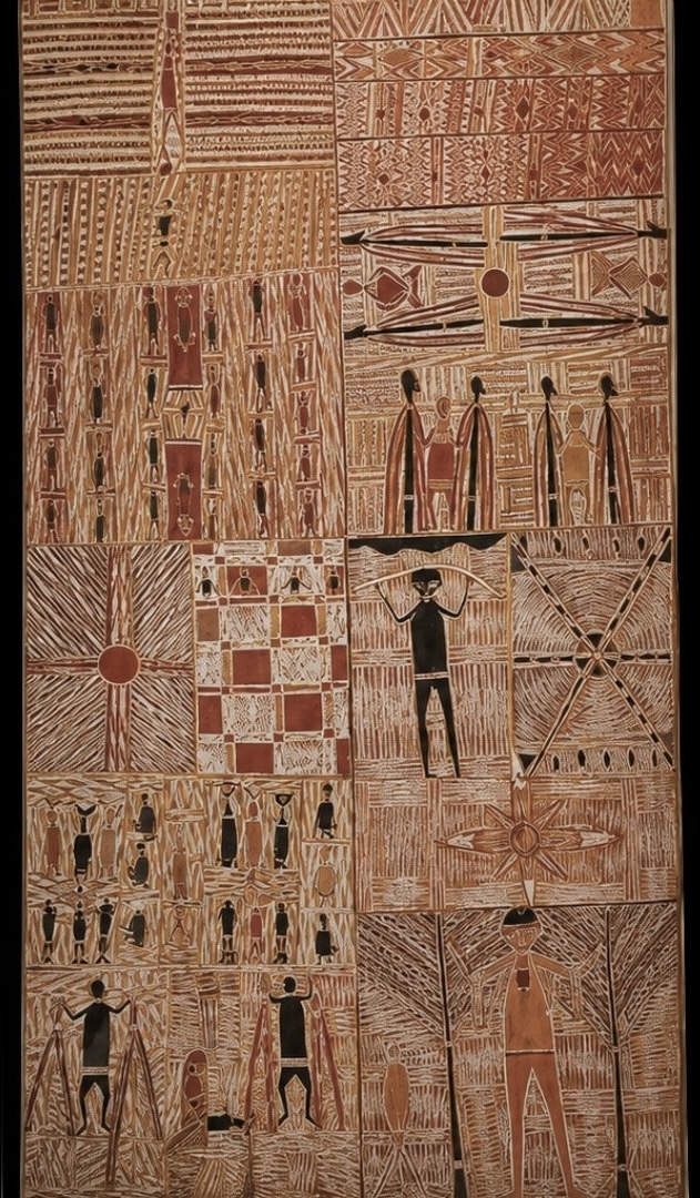 Dhuwa moiety section of the Yirrkala Church Panels featuring sacred Yolŋu clan designs and rarrk crosshatching by Mawalan Marika and associated artists.