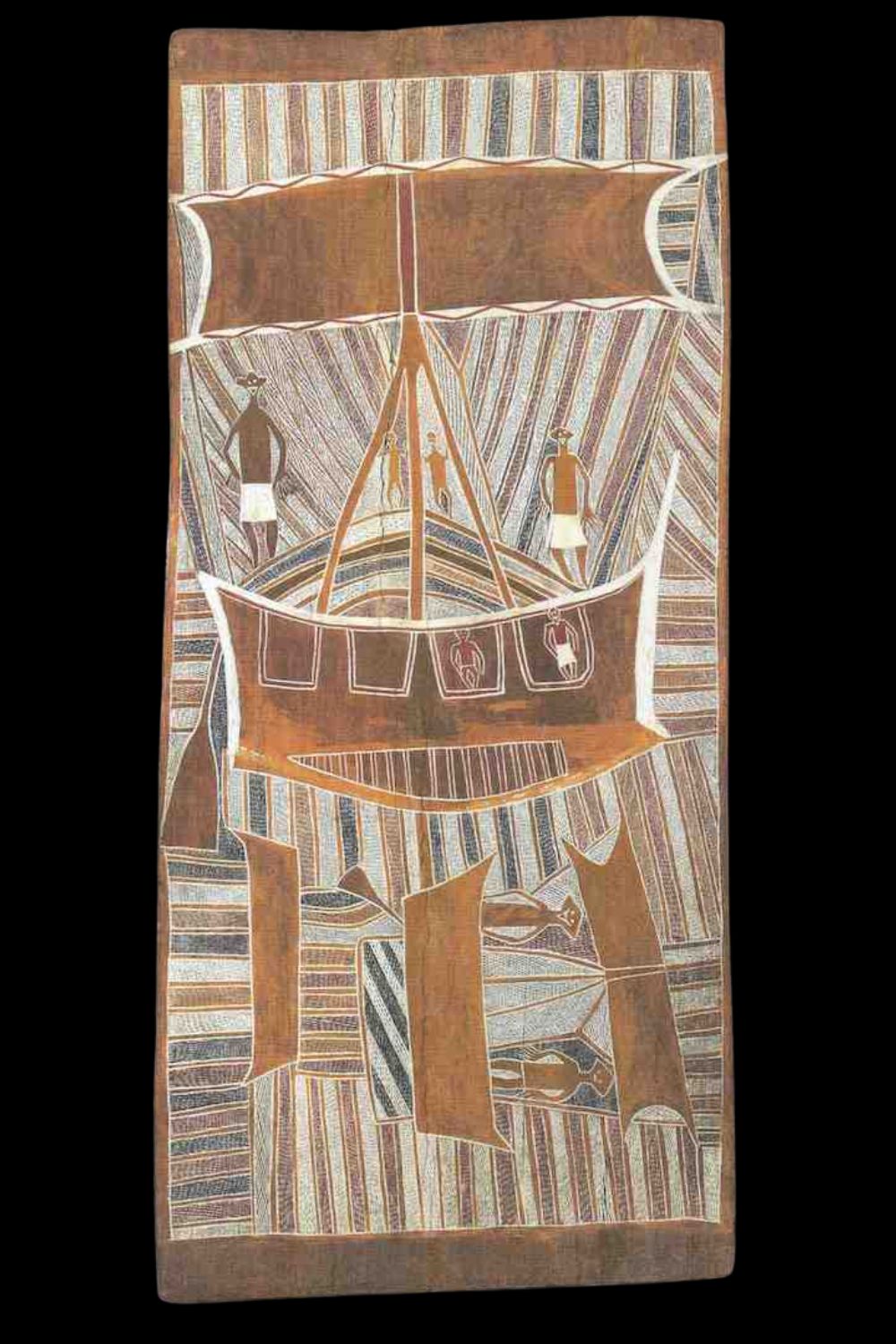 Yirrkala bark painting by Birrikidji Gumana depicting a Macassan prau with Yolngu figures and intricate rarrk crosshatching.