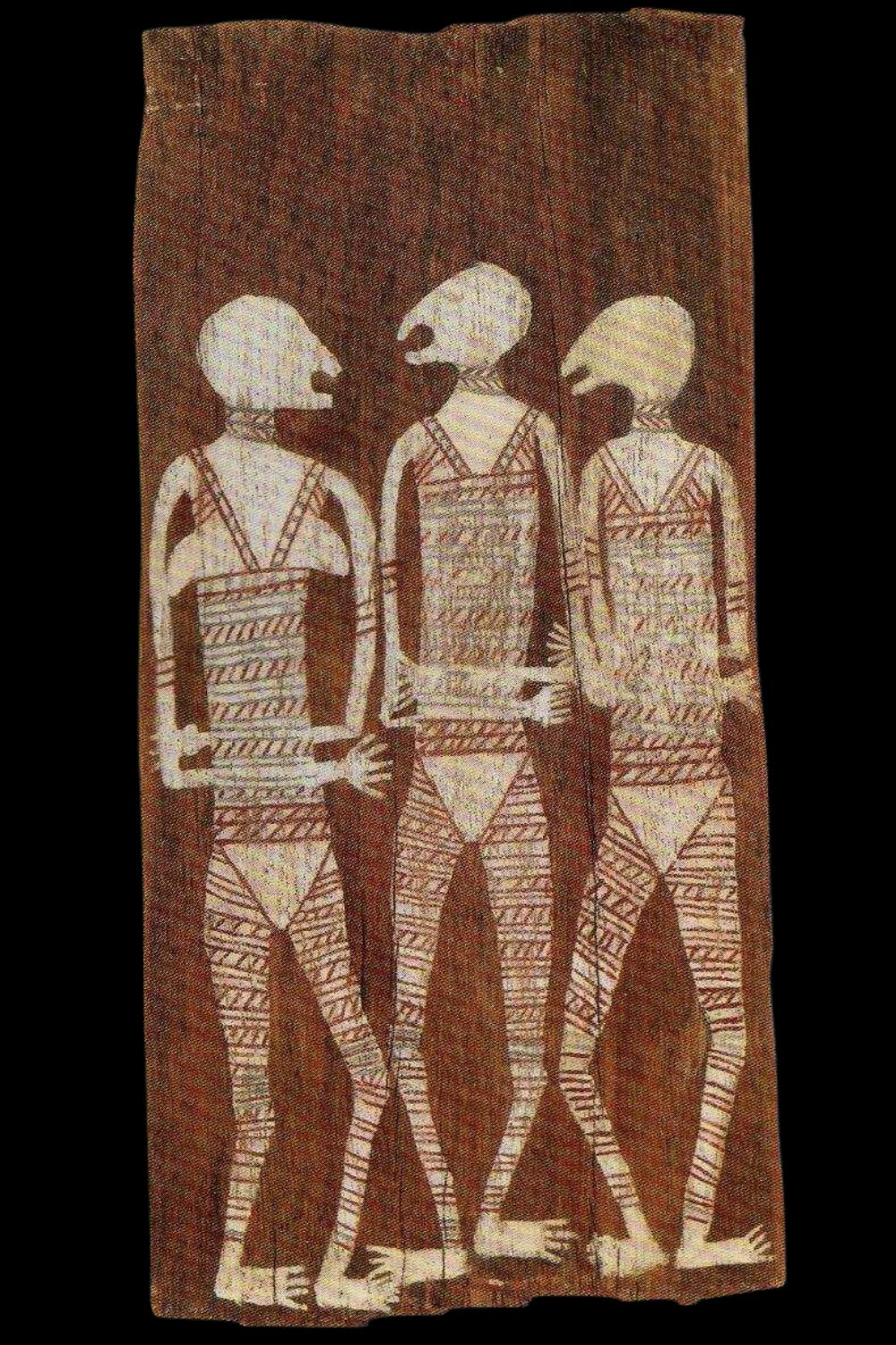 Aboriginal bark painting by Djambalula depicting elongated Mimi spirit figures from Western Arnhem Land.