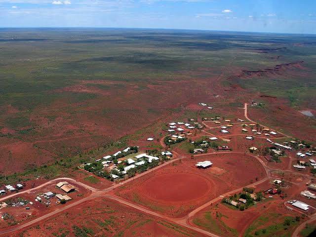 Aerial view of Balgo Wirrimanu Aboriginal community in the Great Sandy Desert Western Australia