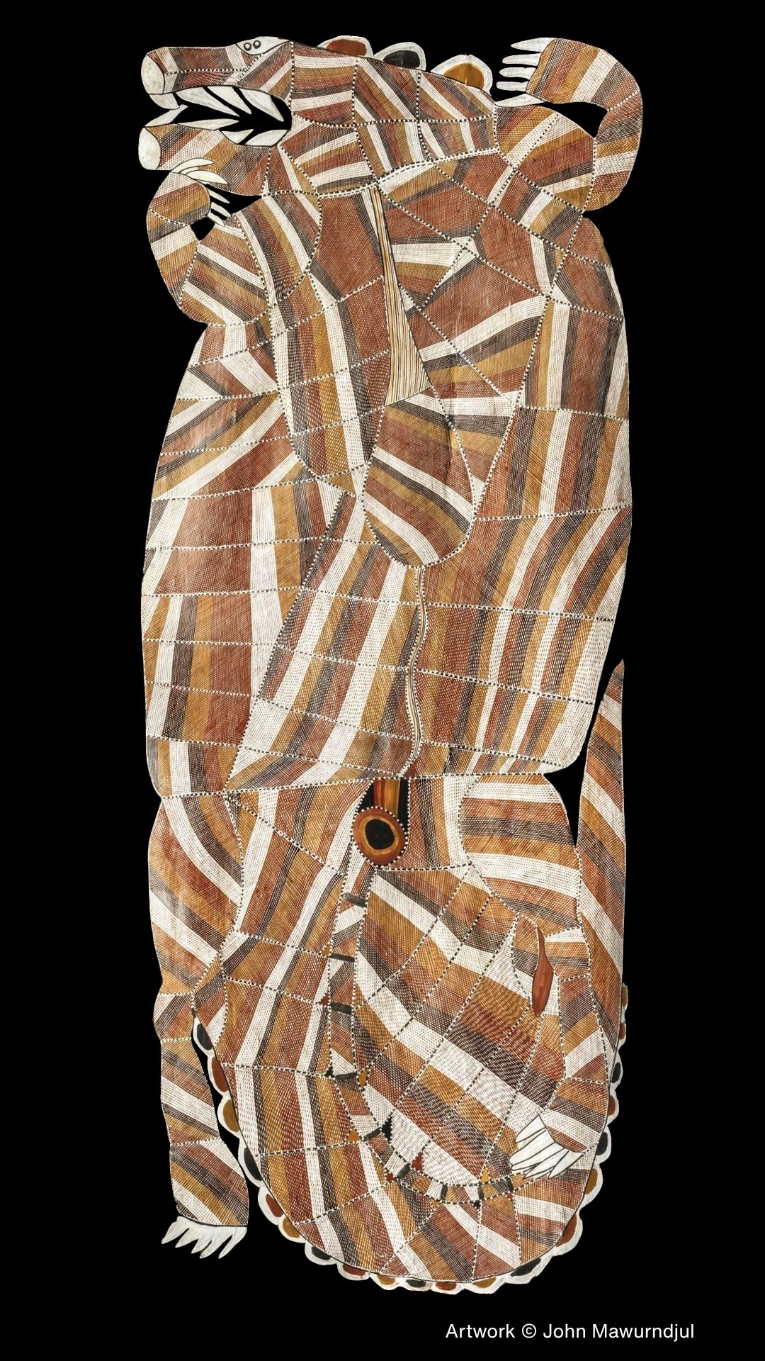 John Mawurndjul bark painting with intricate rarrk crosshatching