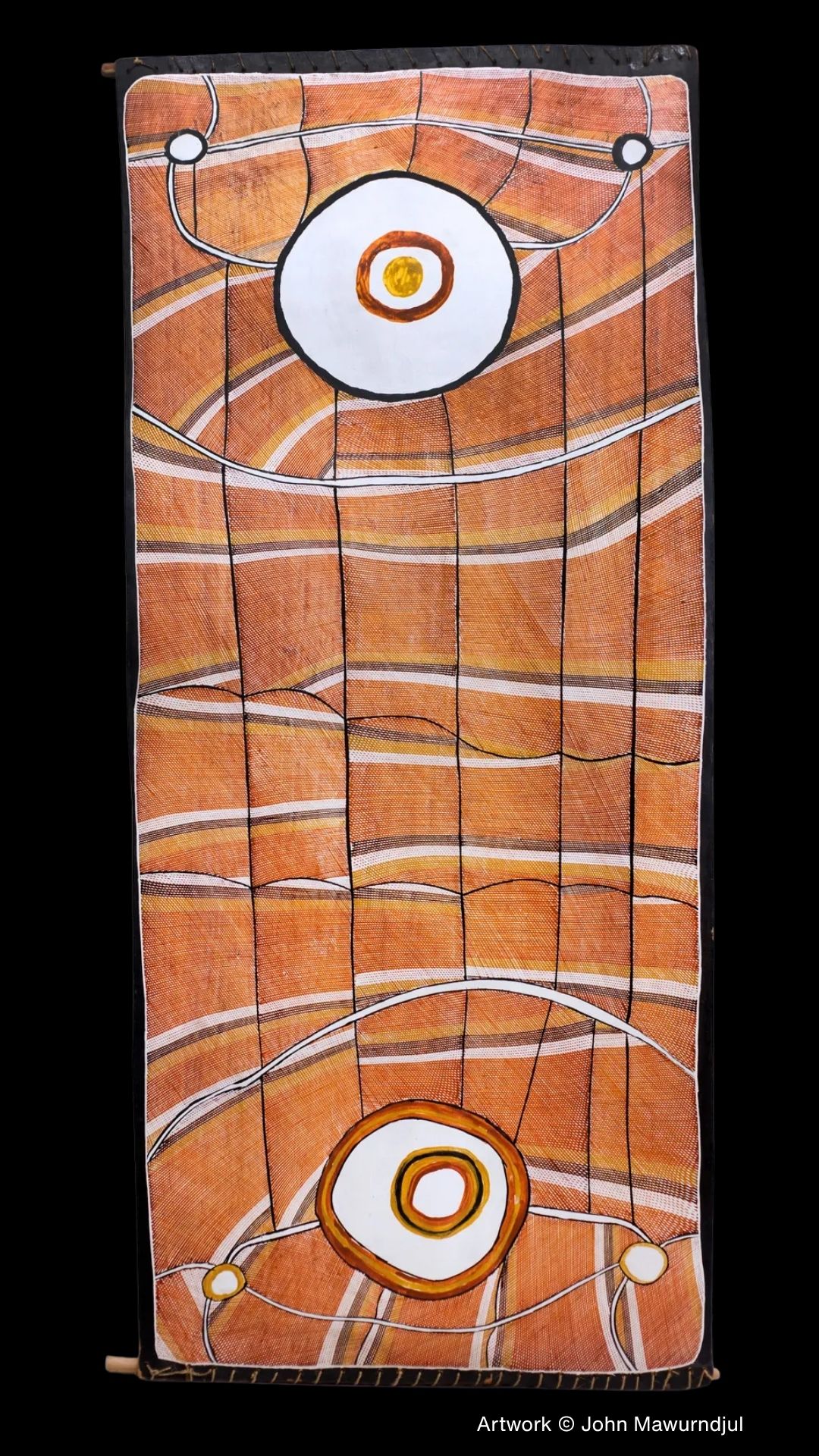 Abstract bark painting by John Mawurndjul featuring flowing rarrk crosshatching, sacred geometric forms, and Mardayin ceremonial imagery associated with Kuninjku ancestral power and Country.