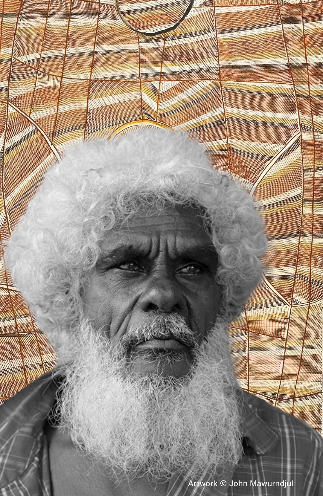 Portrait of Aboriginal artist John Mawurndjul against a background of flowing rarrk crosshatching associated with Mardayin ceremony and Kuninjku bark painting traditions from western Arnhem Land.