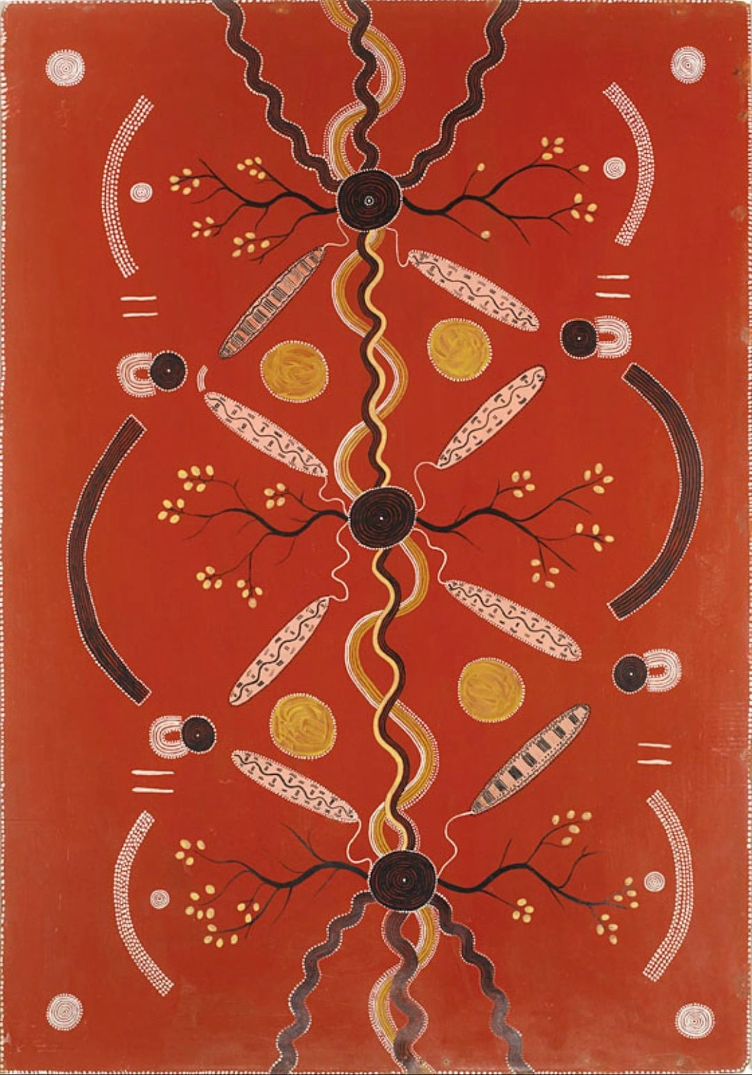 Early ceremonial style painting by Kaapa Mbitjana Tjampitjinpa from the Papunya aboriginal dot art movement