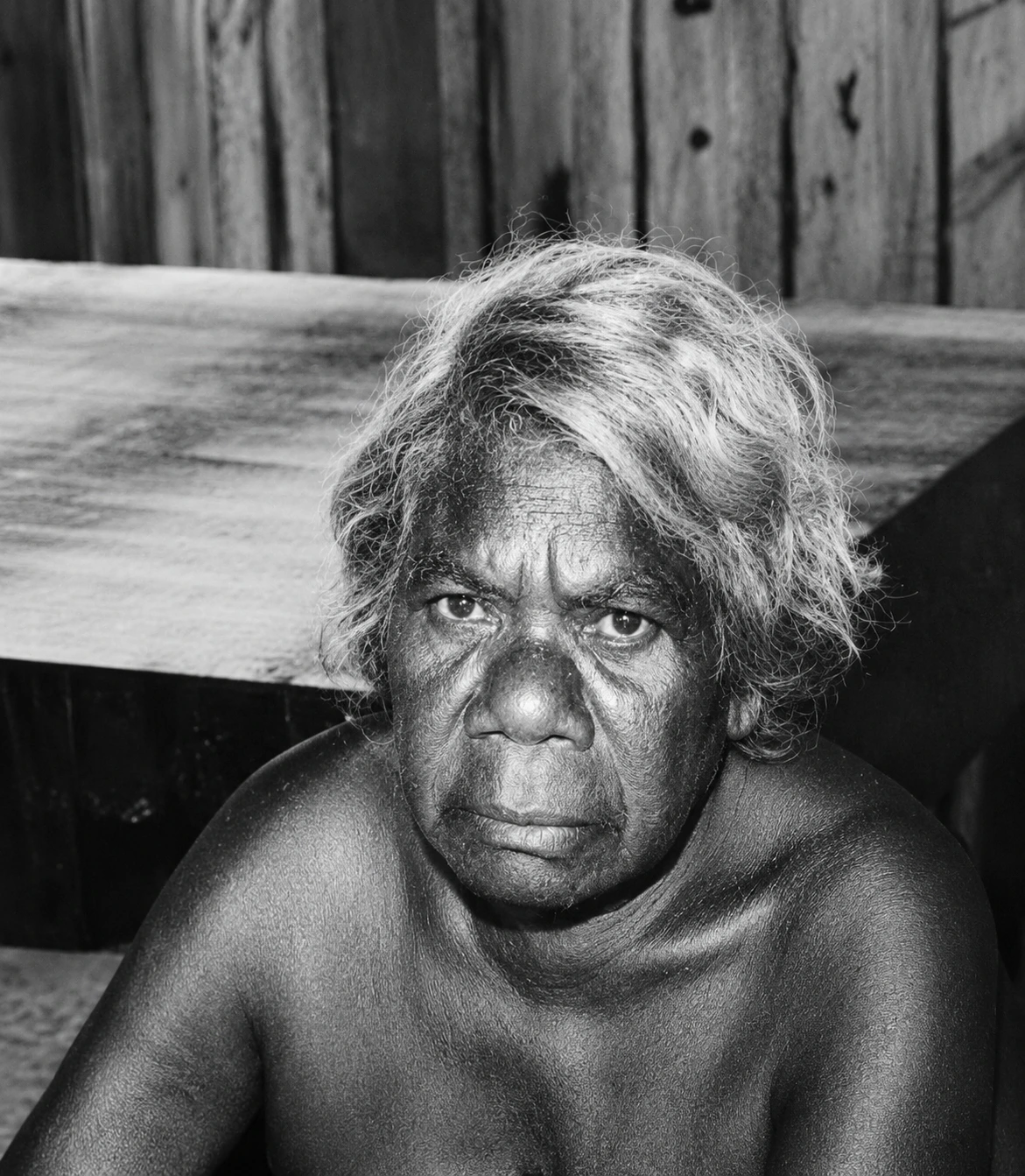 Black-and-white portrait photograph of Kitty Kantilla (Kutuwulumi Purawarrumpatu), influential Tiwi artist and contemporary Aboriginal painter from Melville Island.