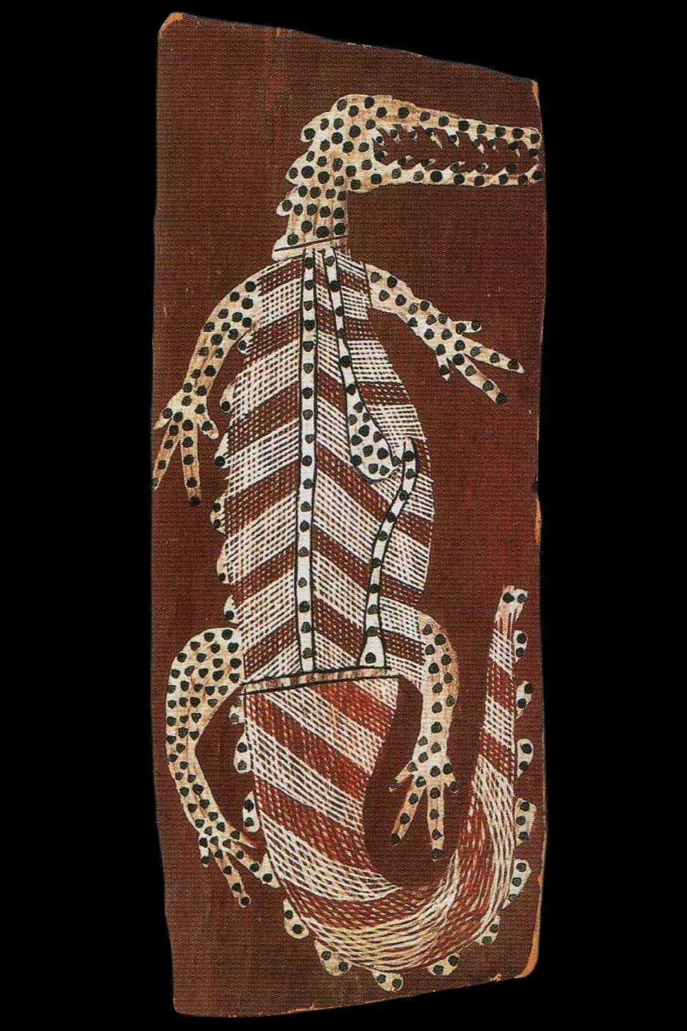 Crocodile bark painting by Aboriginal artist Mick Kubarkku featuring white dotted facial markings,  and ceremonial rarrk infill in the western Arnhem Land style.