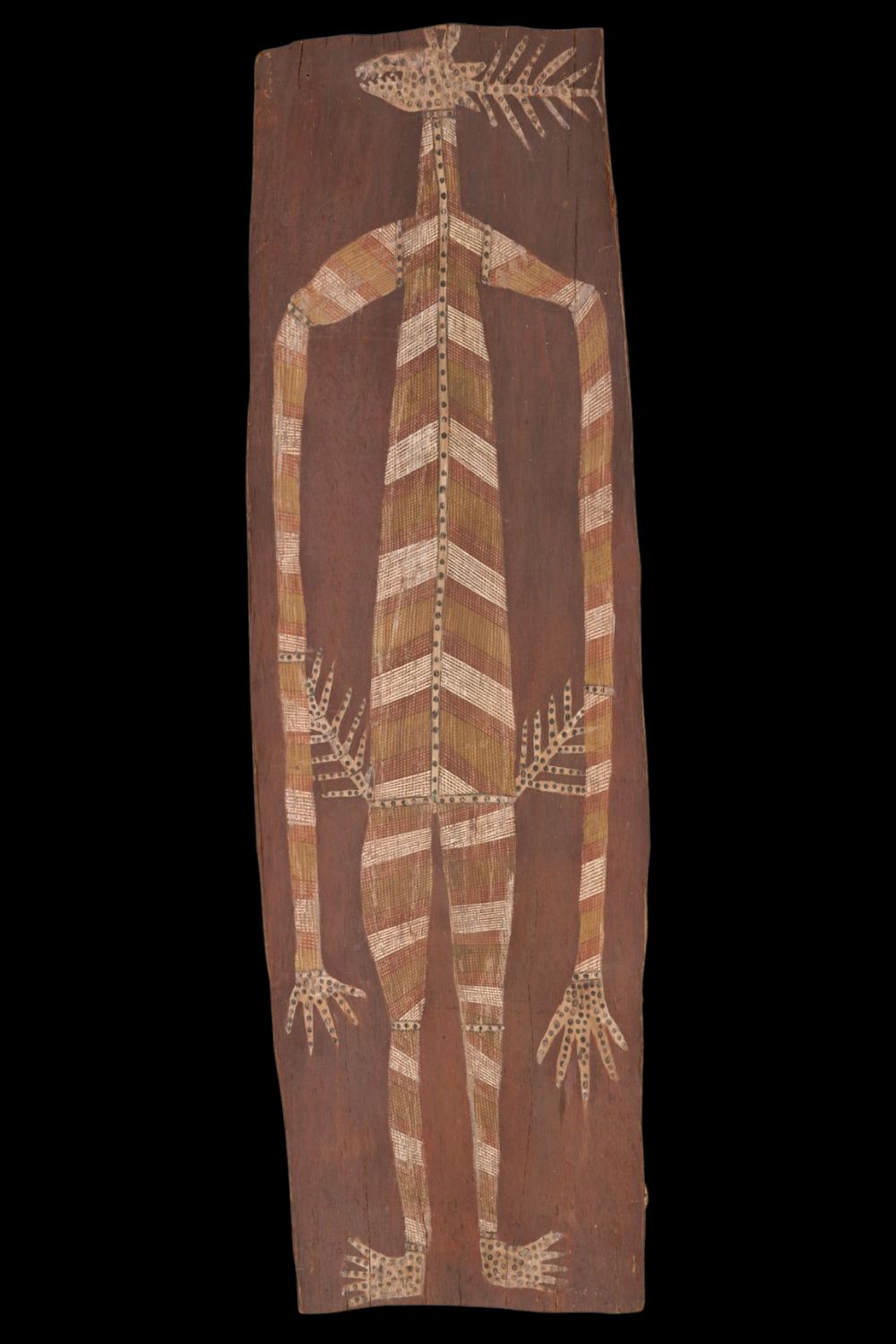 Namorrorddo spirit figure bark painting by Mick Kubarkku from Western Arnhem Land painted in natural ochres on eucalyptus bark