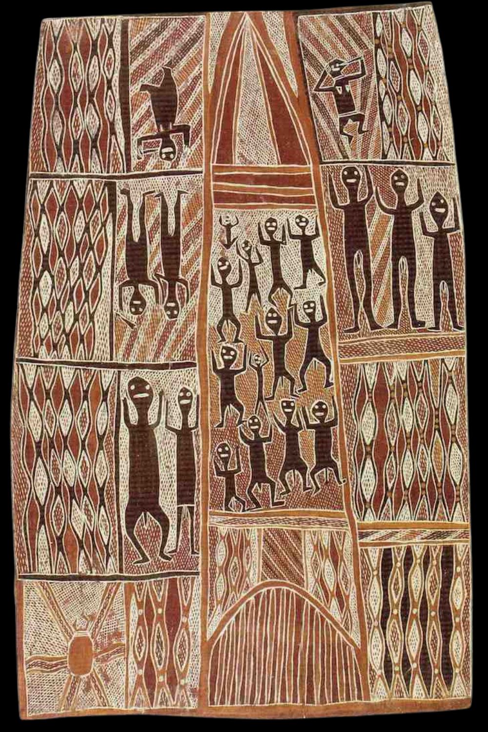 Yirrkala bark painting by Munggurrawuy Yunupingu featuring ceremonial figures, geometric clan designs, and fine rarrk crosshatching.