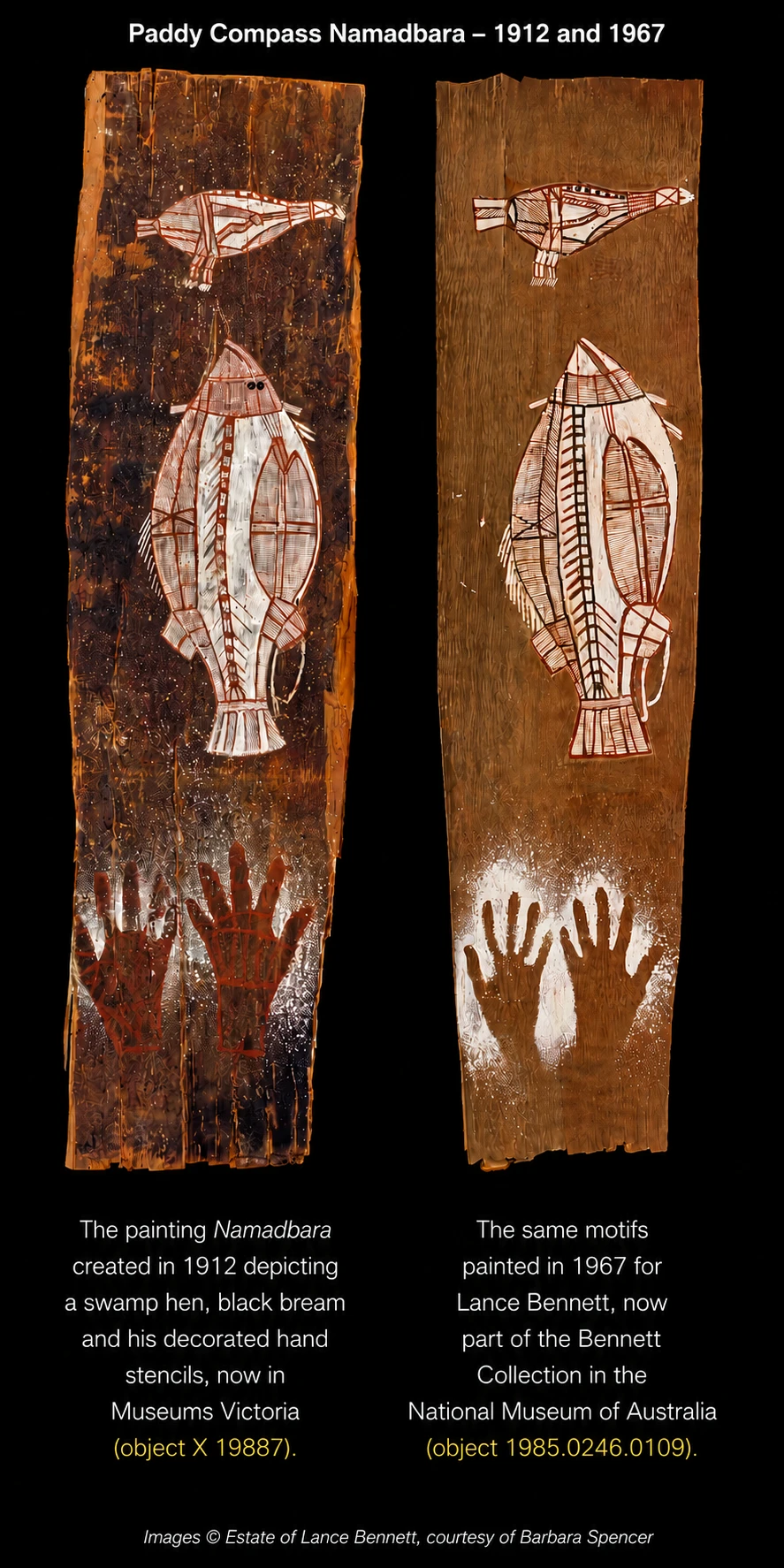 Comparison of two Aboriginal bark paintings by Paddy Compass Namadbara showing the same swamp hen, black bream and hand stencil motifs painted in 1912 and recreated in 1967, illustrating the origins of western Arnhem Land bark painting traditions.