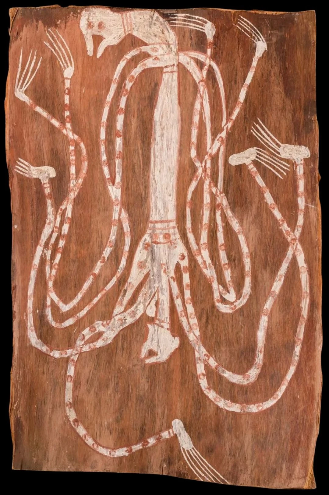 Important bark painting by Paddy Compass Namatbara depicting a Maam spirit figure painted in natural ochres on eucalyptus bark from Western Arnhem Land
