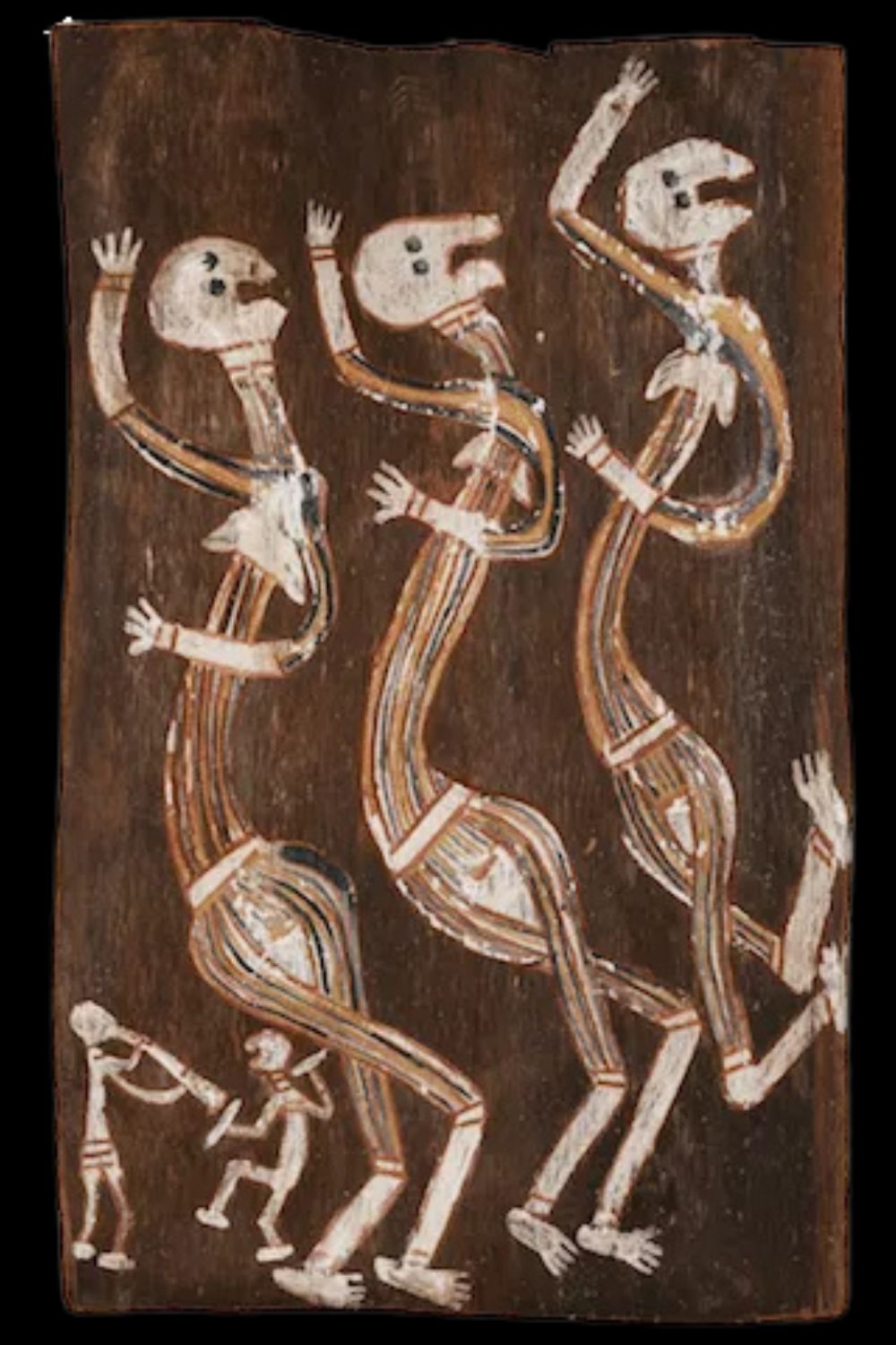 Aboriginal bark painting by Paddy Compass Namatbara depicting dynamic Mimih spirit figures from Western Arnhem Land.