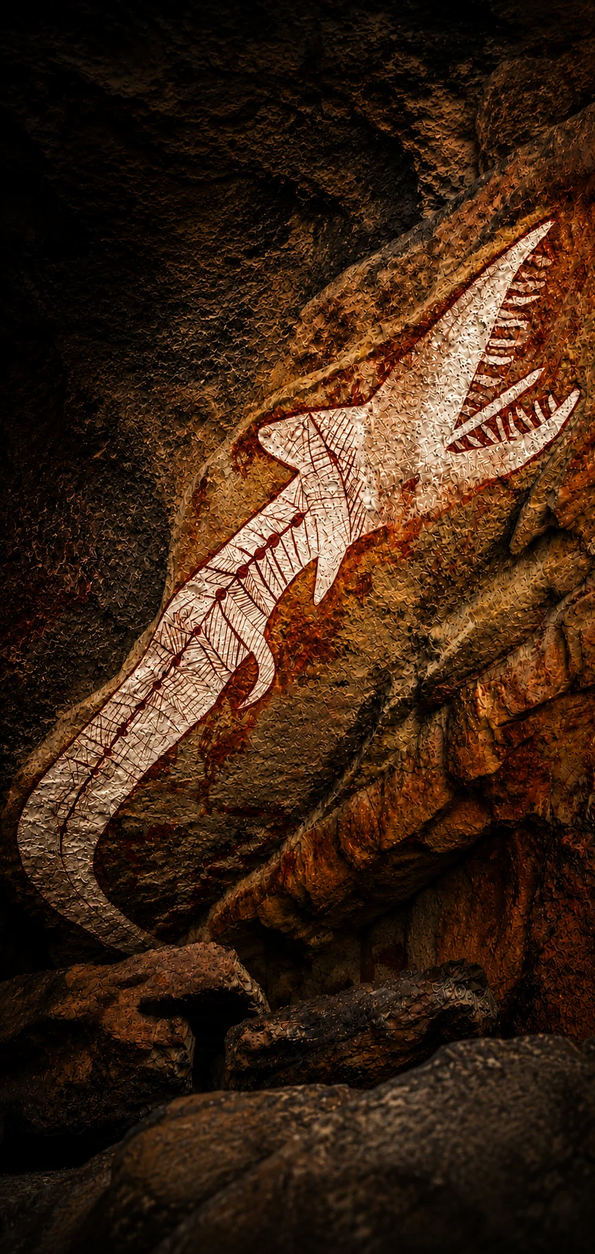 Ancient Rainbow Serpent Aboriginal rock art painted in white pigment and red ochre on a sandstone shelter in Arnhem Land, representing the powerful creator spirit associated with water, rain, fertility and Dreaming traditions.