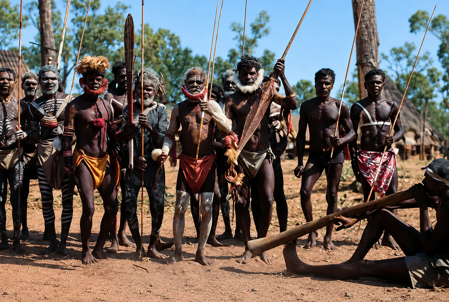 Tiwi Art ceremonial dancers with traditional jilamara body paint during Pukumani ceremony on the Tiwi Islands
