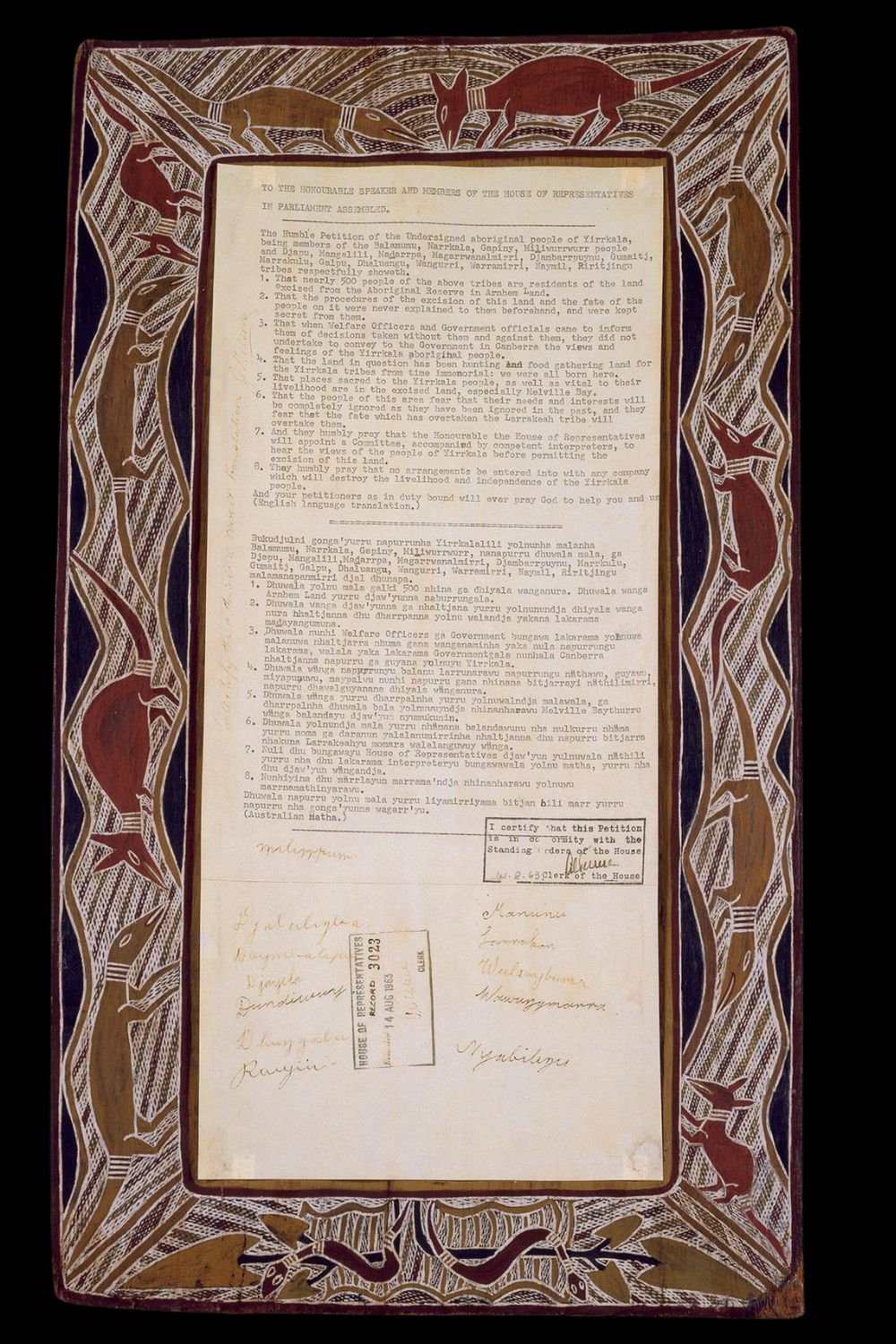 1963 Yirrkala Bark Petition featuring Yolngu clan designs, ceremonial rarrk crosshatching, and typed parliamentary text from North East Arnhem Land.