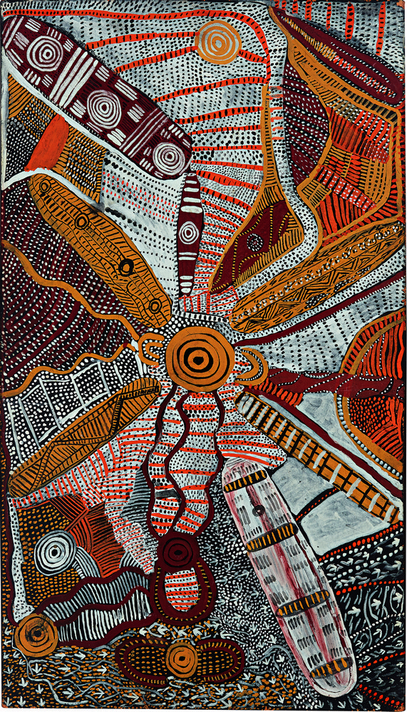 Western Desert Aboriginal painting showing symbolic representations of sacred sites, ancestral pathways, ceremonial objects, and Dreaming stories connected to Country.