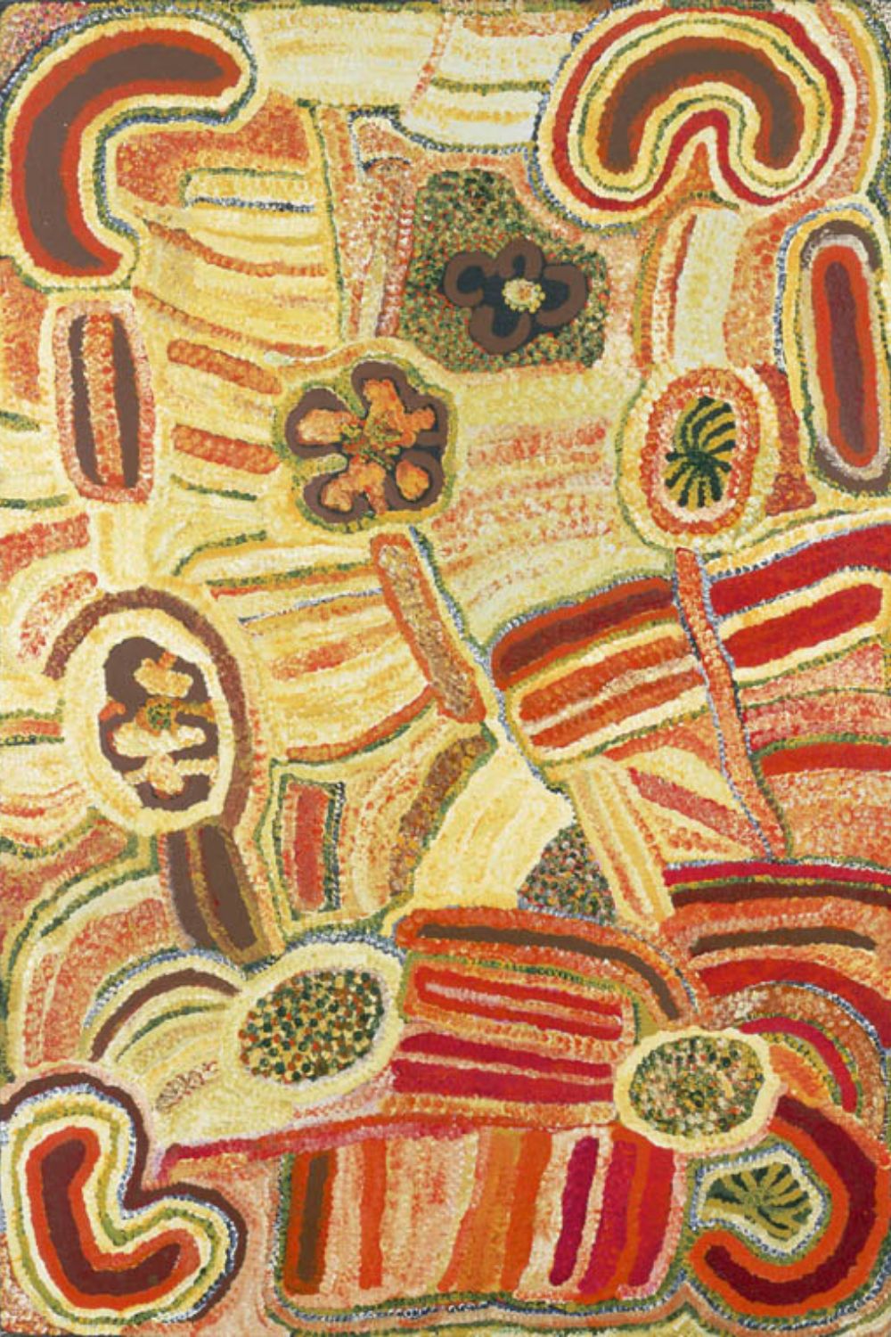 Early Balgo Aboriginal painting featuring flowing desert forms, ceremonial pathways, and vibrant bands of colour inspired by ancestral Country, Dreaming stories, and the emergence of the Balgo painting movement.