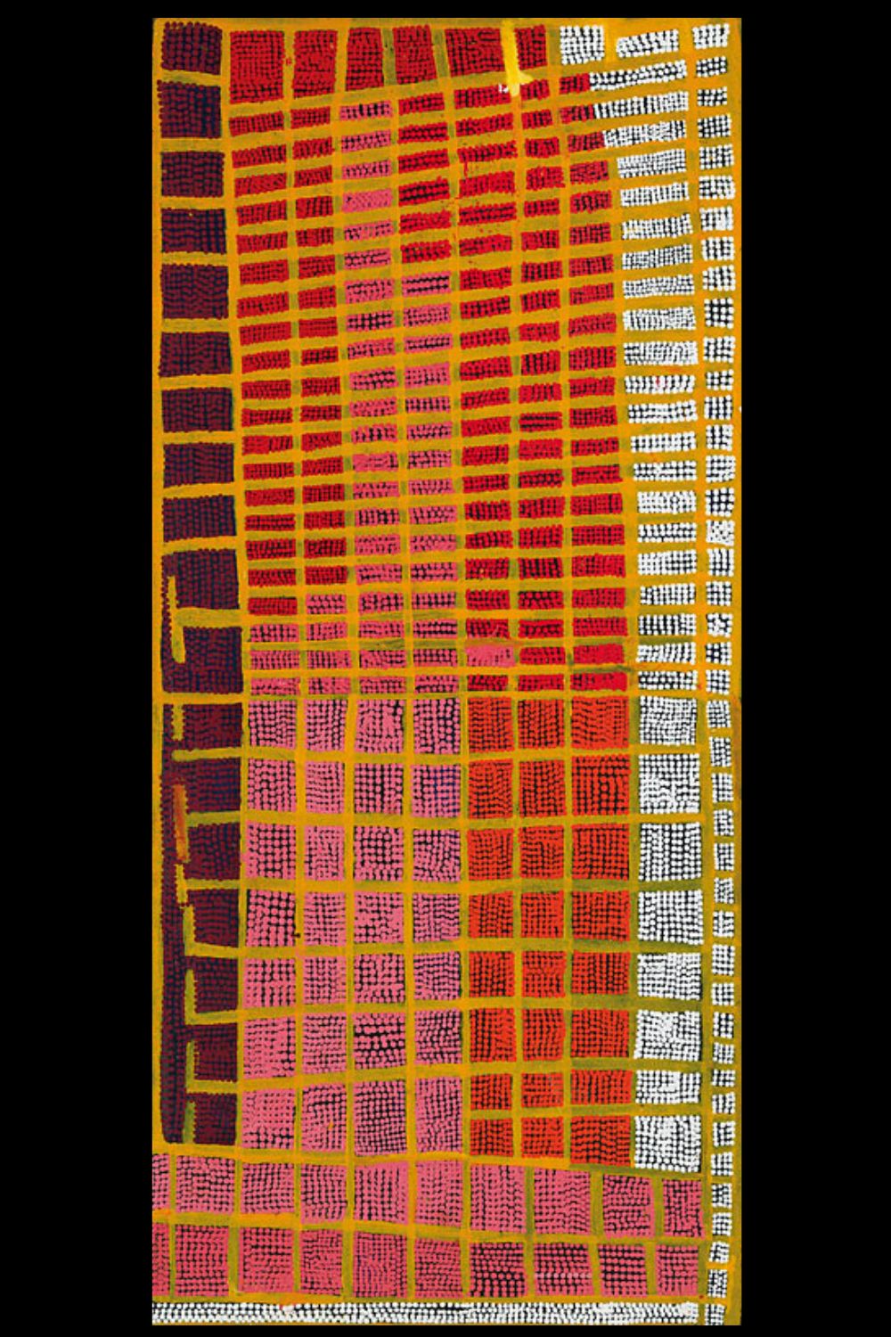 Balgo Aboriginal painting featuring vibrant pink, red, white and black geometric forms arranged in a dynamic grid pattern, demonstrating the distinctive colour palette and innovation of Balgo Art within the Western Desert movement.