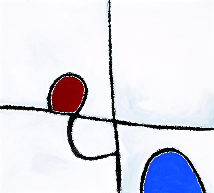 Dolly Hole (2005) by Paddy Bedford featuring white ochre fields, black linear forms, and contrasting red and blue waterhole motifs.