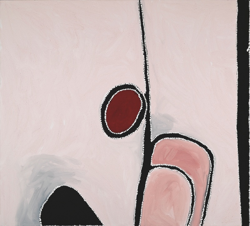 Mad Gap (2004) by Paddy Bedford, featuring pale pink ochre fields, black pathways, and red forms outlined with white dotting.