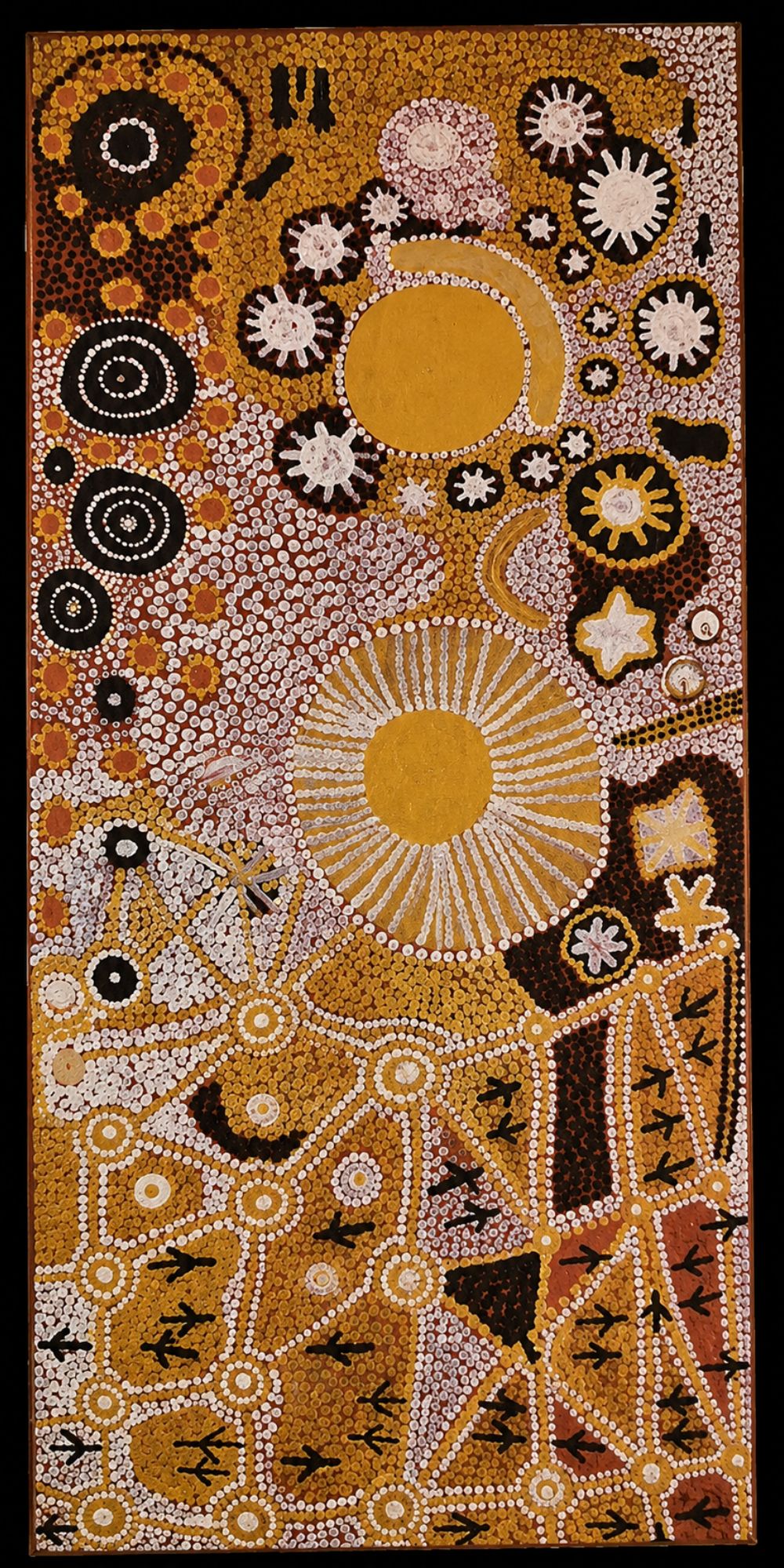 Contemporary Warlpiri Aboriginal painting depicting Jukurrpa (Dreaming) narratives through concentric circles, ancestral pathways, ceremonial motifs, and dot painting symbols representing Country across Central Australia.