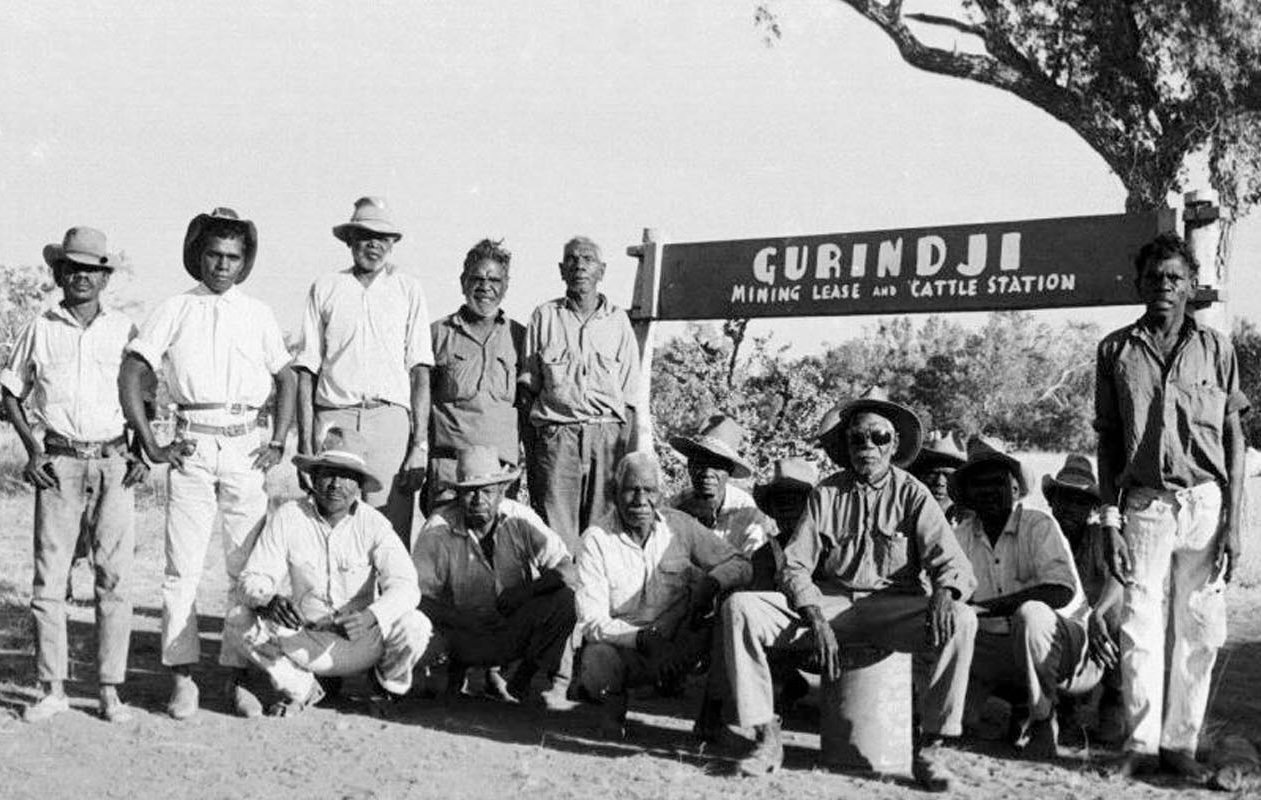 Gurindji stockmen and community members gathered during the Wave Hill Walk-Off led by Vincent Lingiari in 1966.