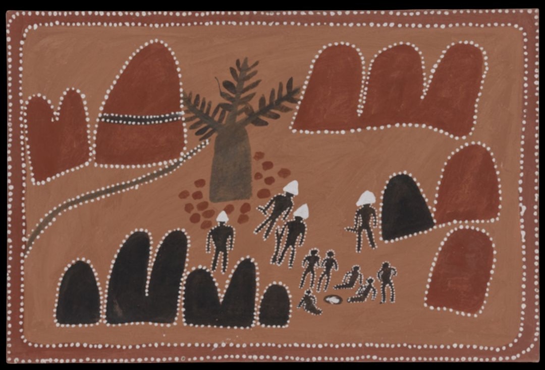 Painting by Queenie McKenzie depicting the Horso Creek killings in the East Kimberley, showing Aboriginal figures, stockmen, a boab tree, and the landscape connected to the historical event.