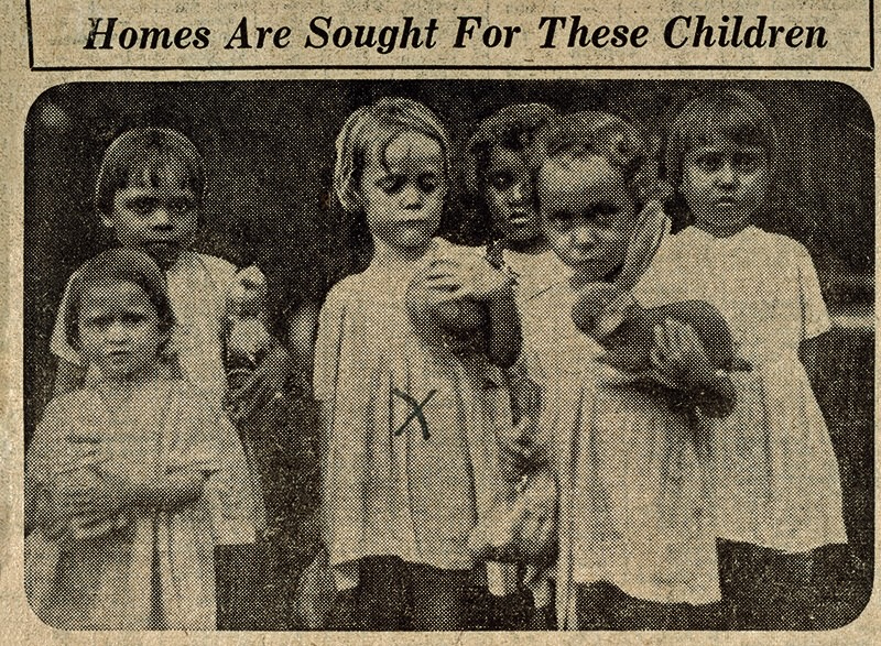 Historic newspaper photograph of Aboriginal children awaiting placement in homes during the era of child removal policies in Australia.
