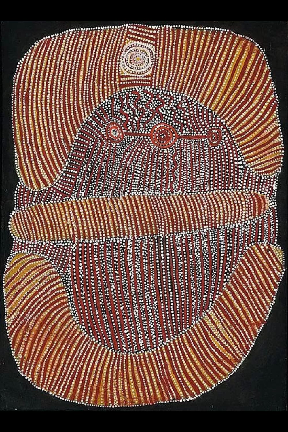 Early Western Desert Aboriginal painting  depicting Dreaming stories, sacred sites, and ancestral journeys through symbolic imagery.