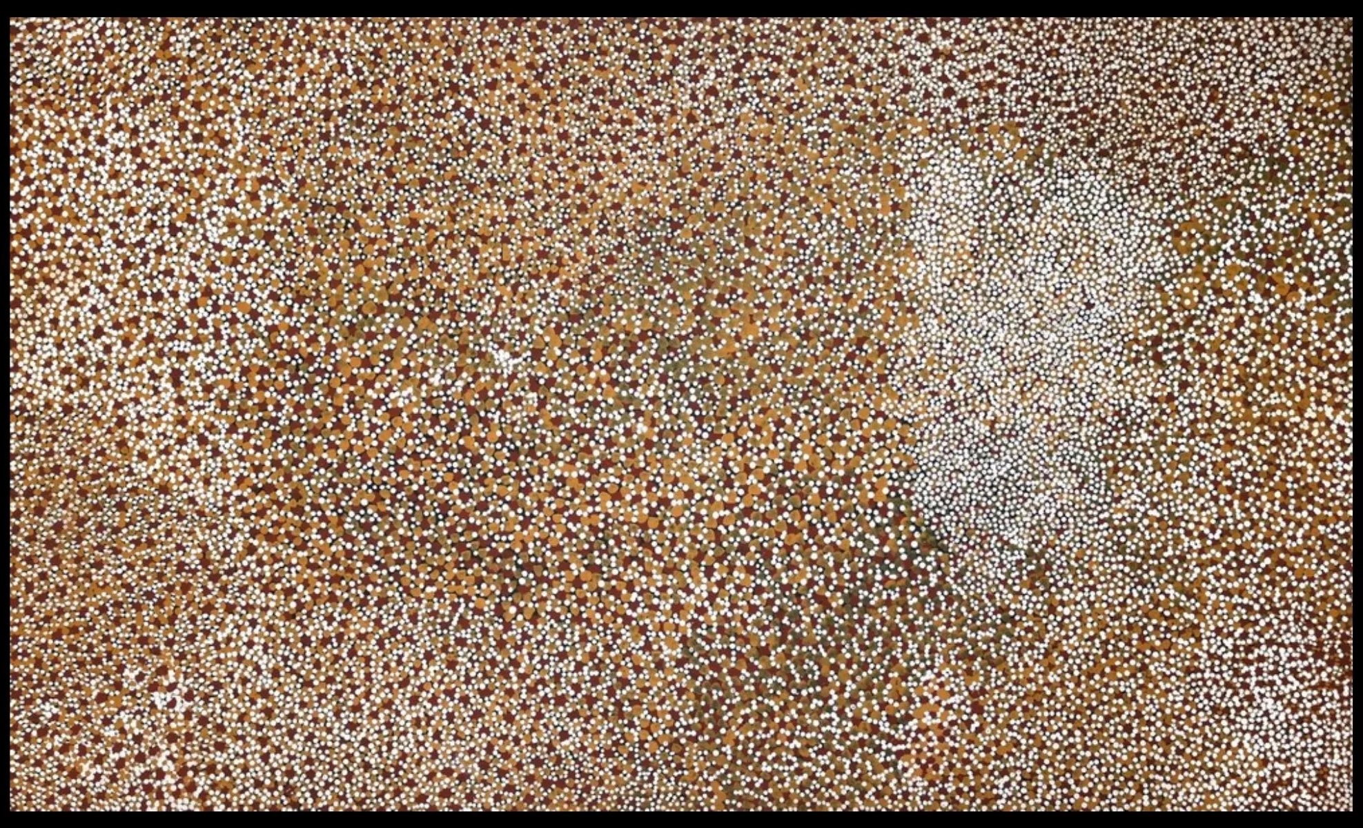 Western Desert Aboriginal painting by Mick Namarari Tjapaltjarri featuring intricate fields of white dotting across an ochre ground, representing ancestral landscapes and Dreaming tracks.
