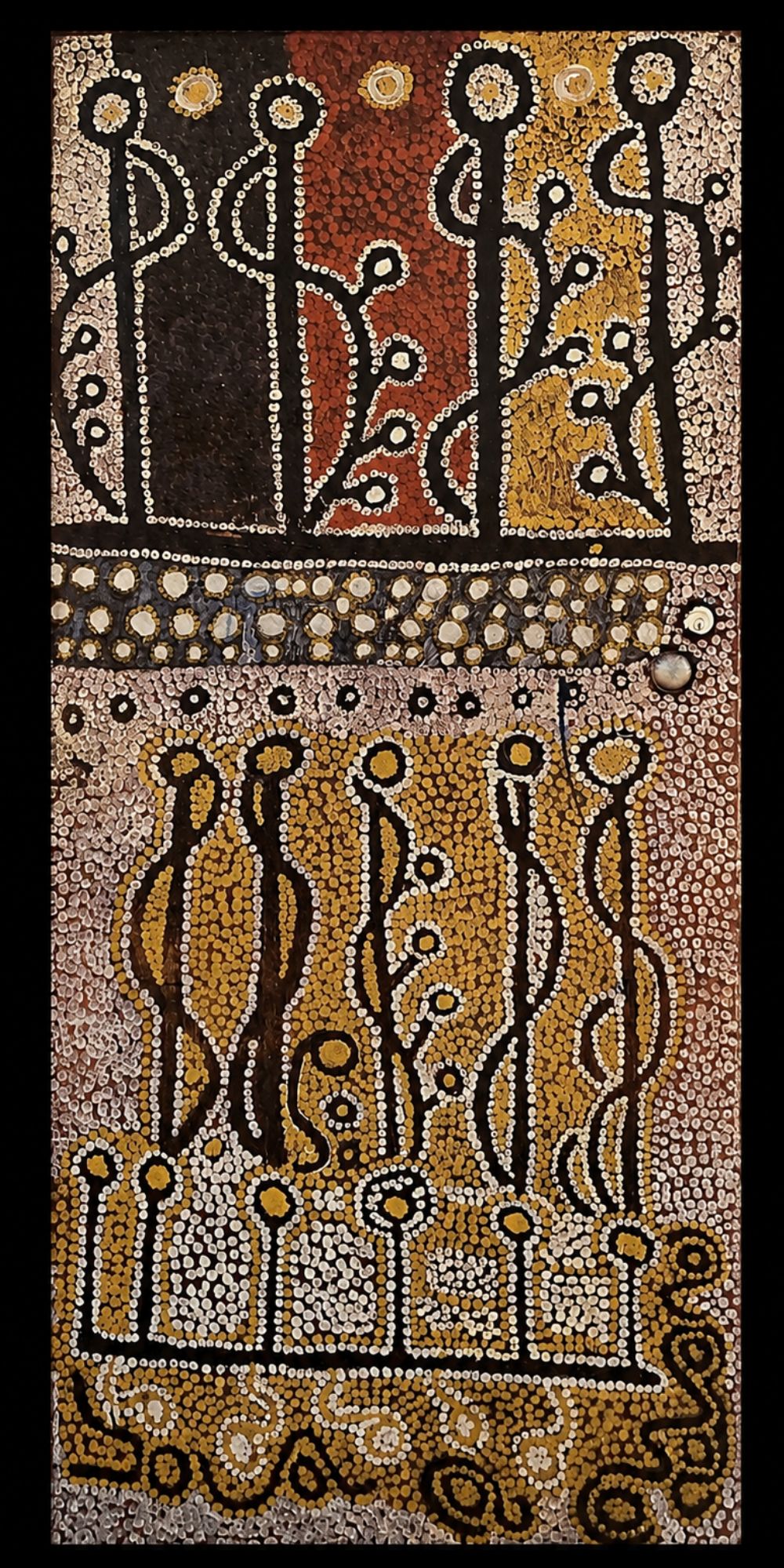 Warlpiri Aboriginal painting featuring ancestral figures, ceremonial motifs, and symbolic forms representing Jukurrpa, sacred sites, and Dreaming narratives from Central Australia.
