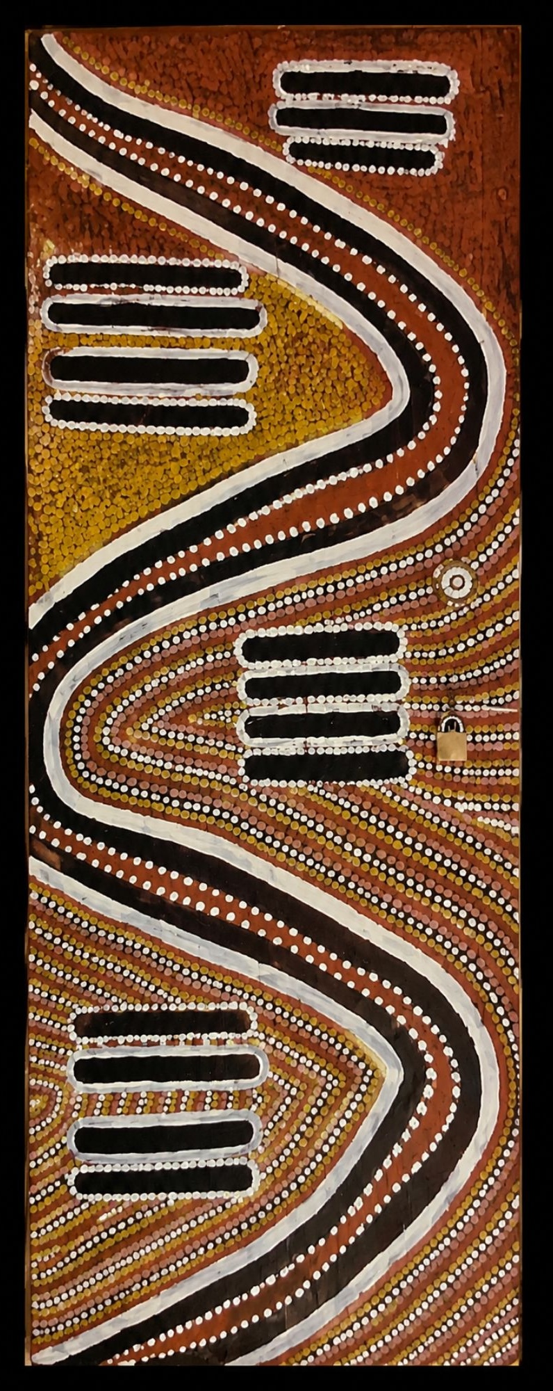 Western Desert Aboriginal painting depicting the Rain Dreaming from Karlipirnpa travelling across Country through a series of sacred sites connected by flowing ancestral pathways.