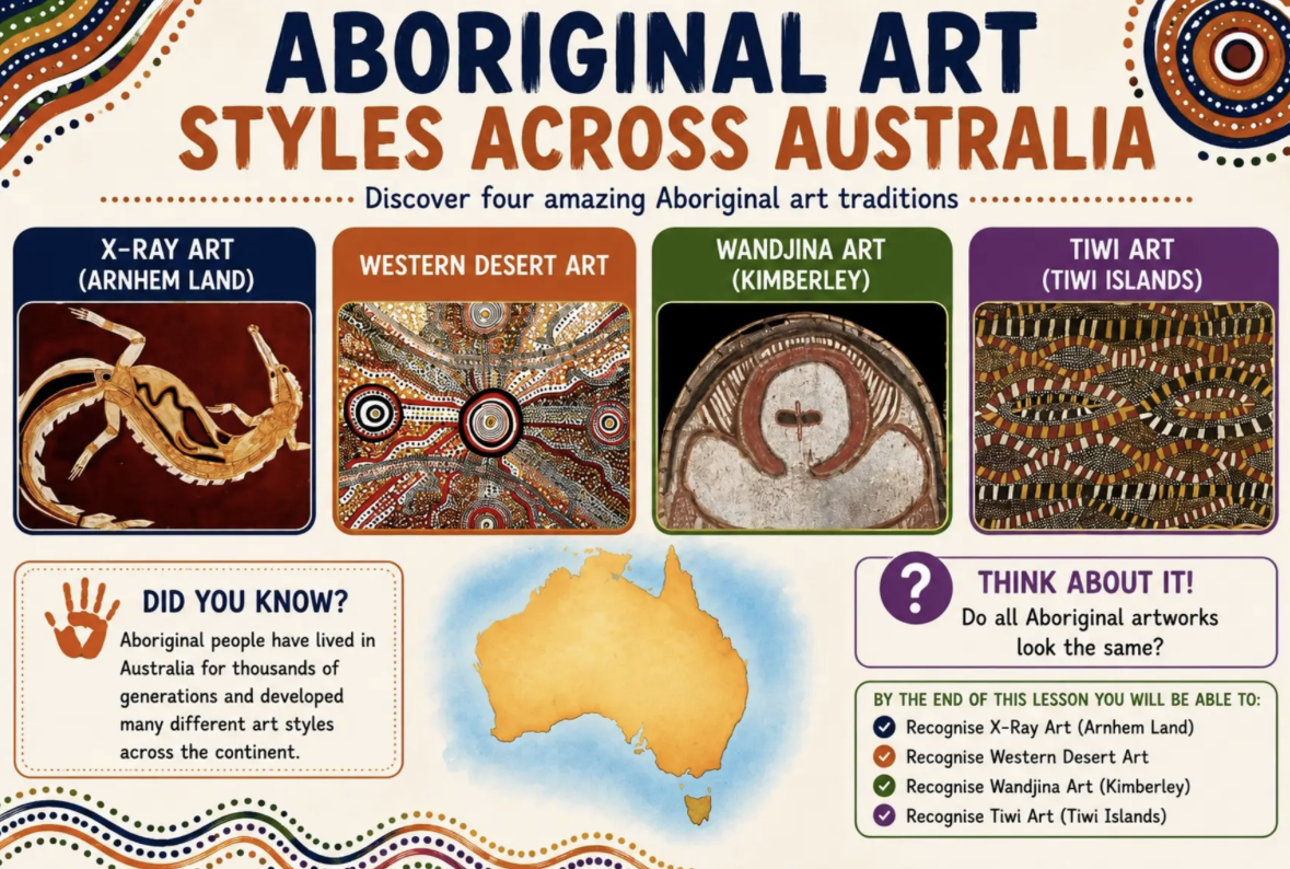 Free Aboriginal Art Styles PowerPoint, worksheets and teacher notes featuring Western Desert Art, Arnhem Land X-Ray Art, Wandjina Art and Tiwi Art.