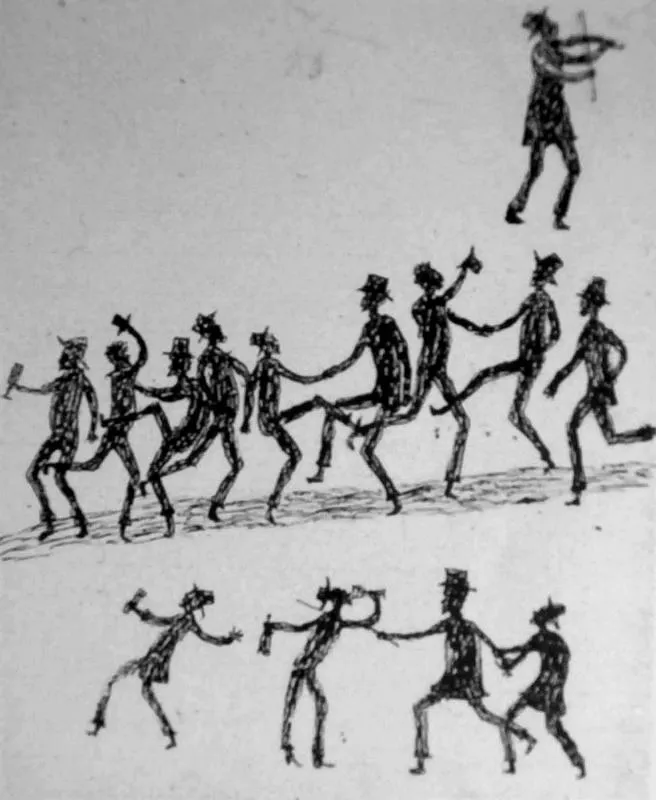 Pen-and-ink drawing by Tommy McRae depicting a group of Europeans dancing and staggering in a satirical scene from colonial Australia.