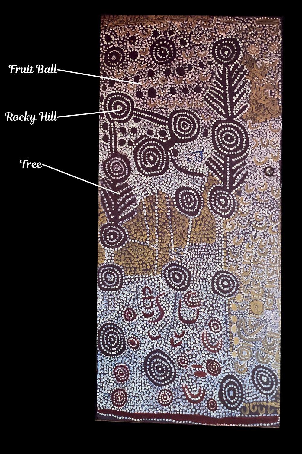 Warlpiri Aboriginal painting depicting the Bush Turkey and Emu Dreaming, showing fruit balls, trees, rocky hills and ancestral activity around Parirri rockhole and Walangkamirirri in Central Australia.