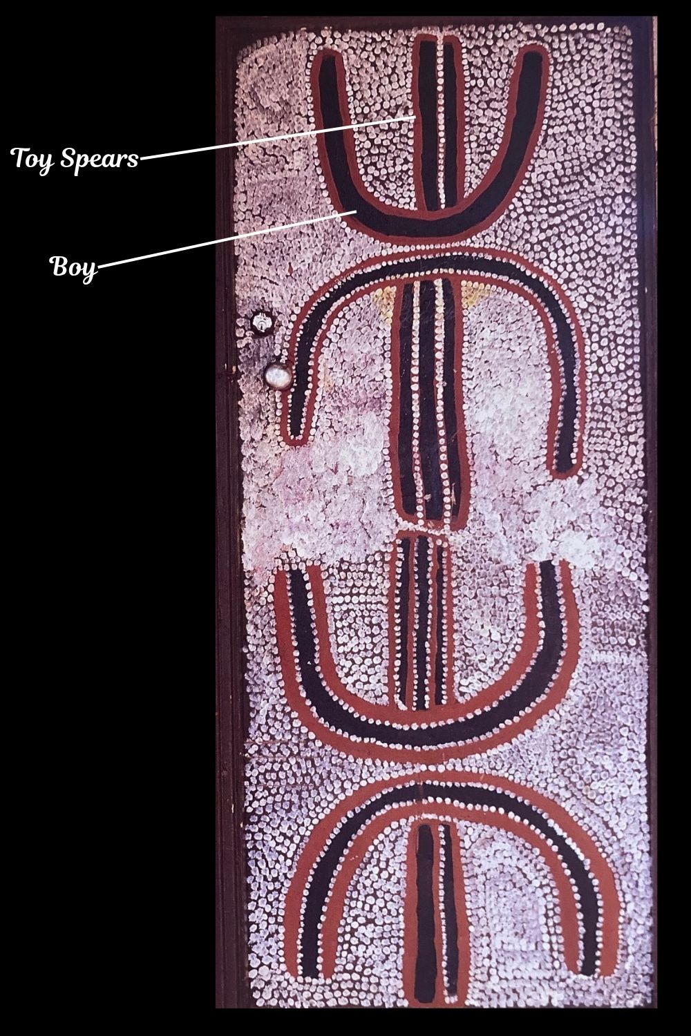 Aboriginal painting depicting the Young Boys (Wurninypardu) Dreaming from Kirrirdi near Yuendumu, showing young ancestral boys carrying toy spears as they travel between waterholes and soakages across the desert landscape.