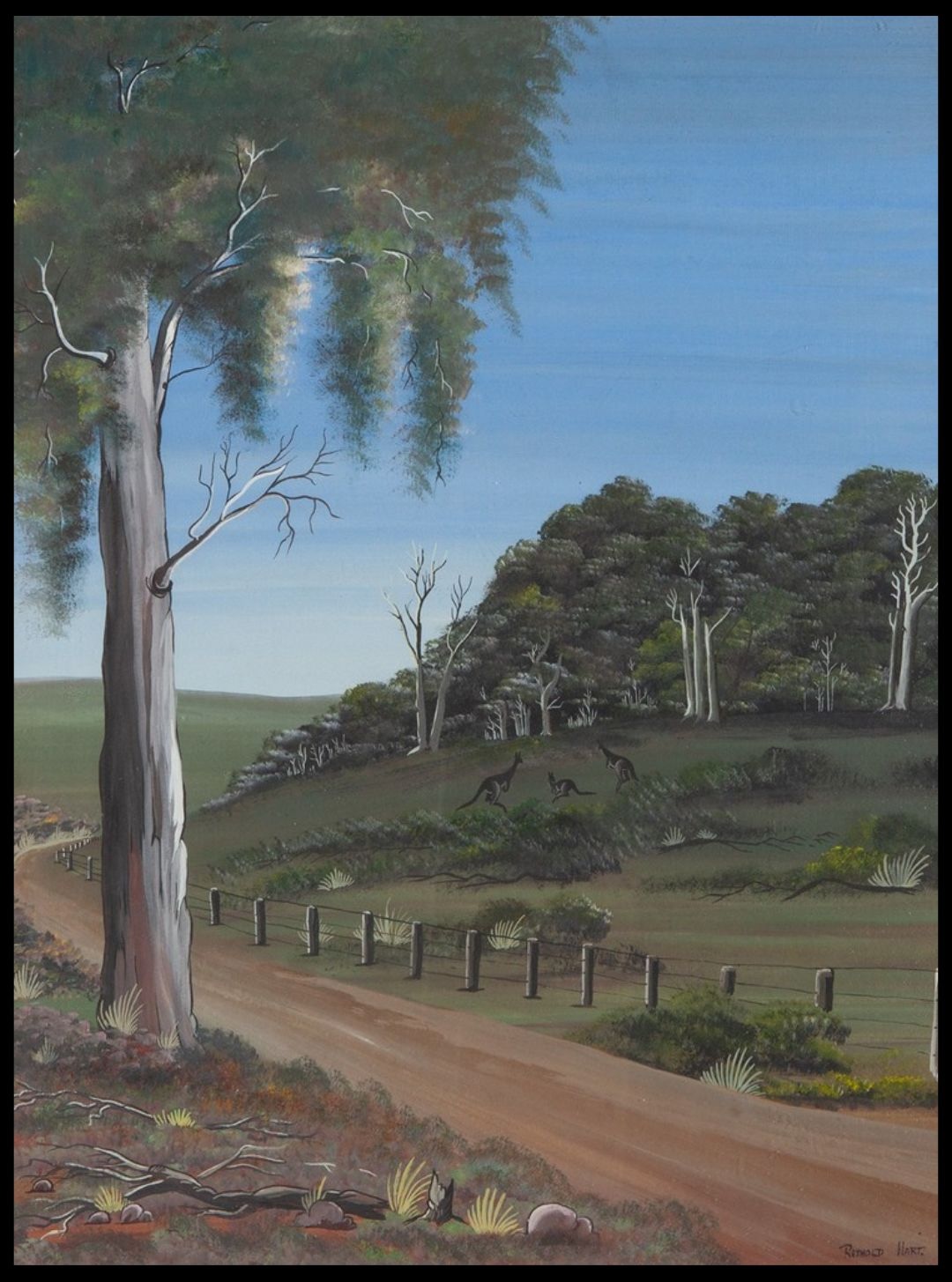 Reynold Hart landscape painting depicting kangaroos beside a bush track in Noongar Country, Western Australia.