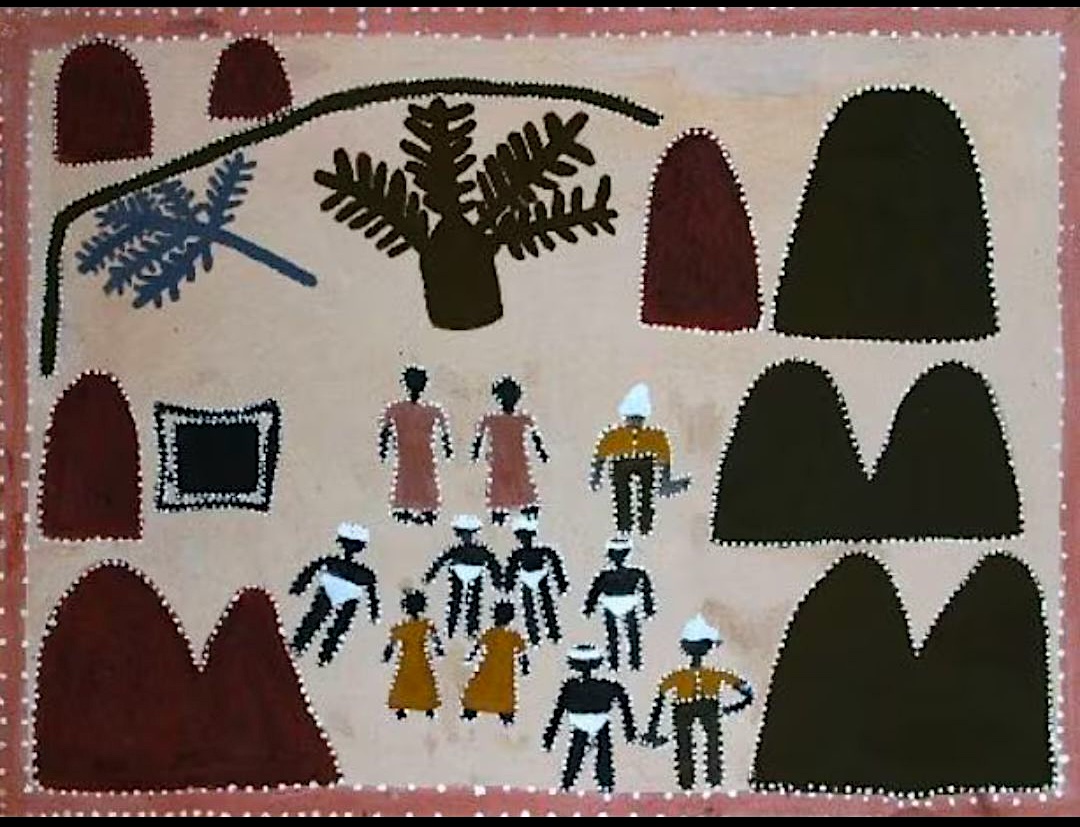Aboriginal painting by Queenie McKenzie depicting the Mistake Creek Massacre in the East Kimberley, showing Gija people, landscape features, and the site of the historical tragedy.