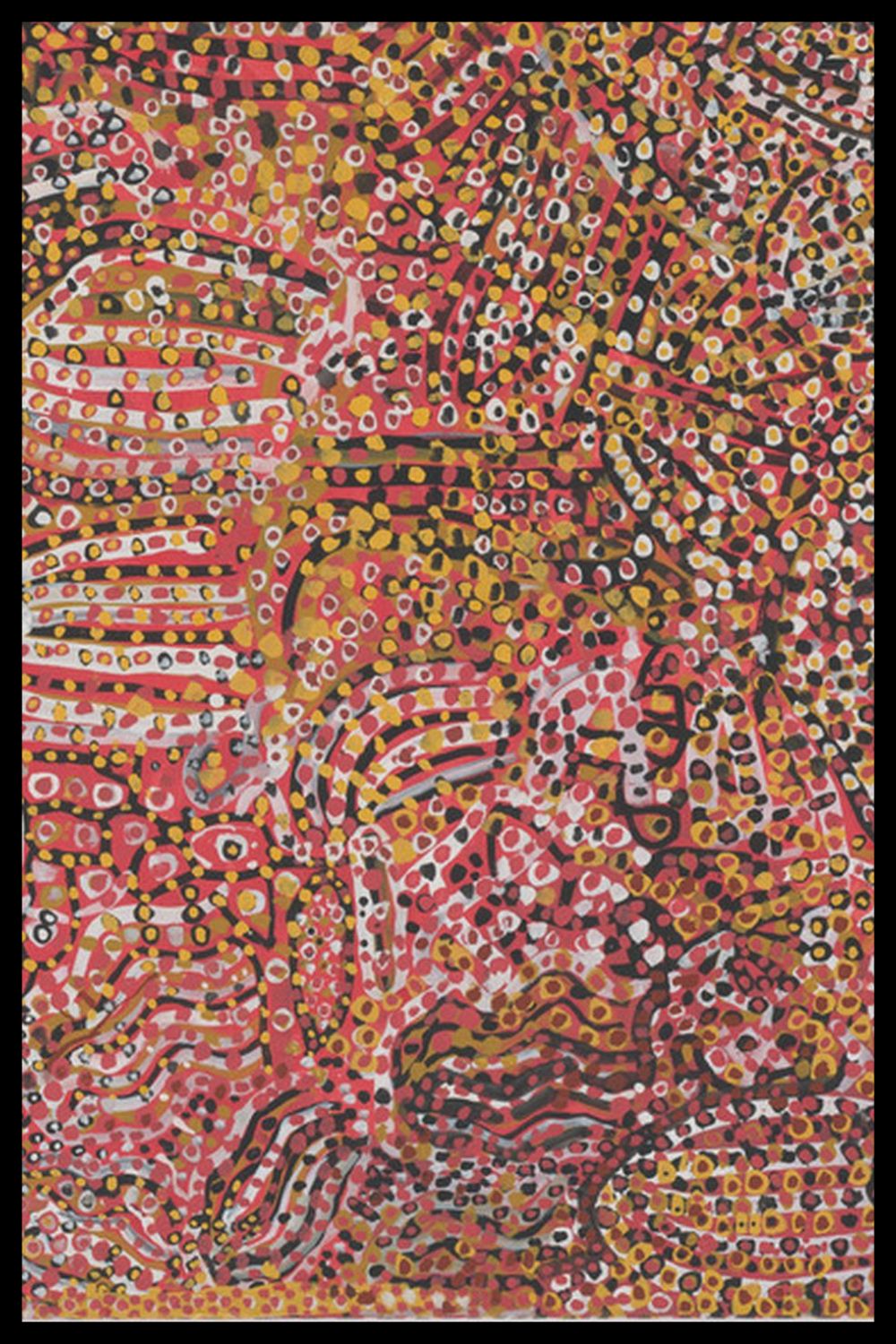 Utopia Aboriginal painting featuring expressive dotting, flowing lines, and vibrant pink, red, yellow, and black patterns inspired by Central Australian Country