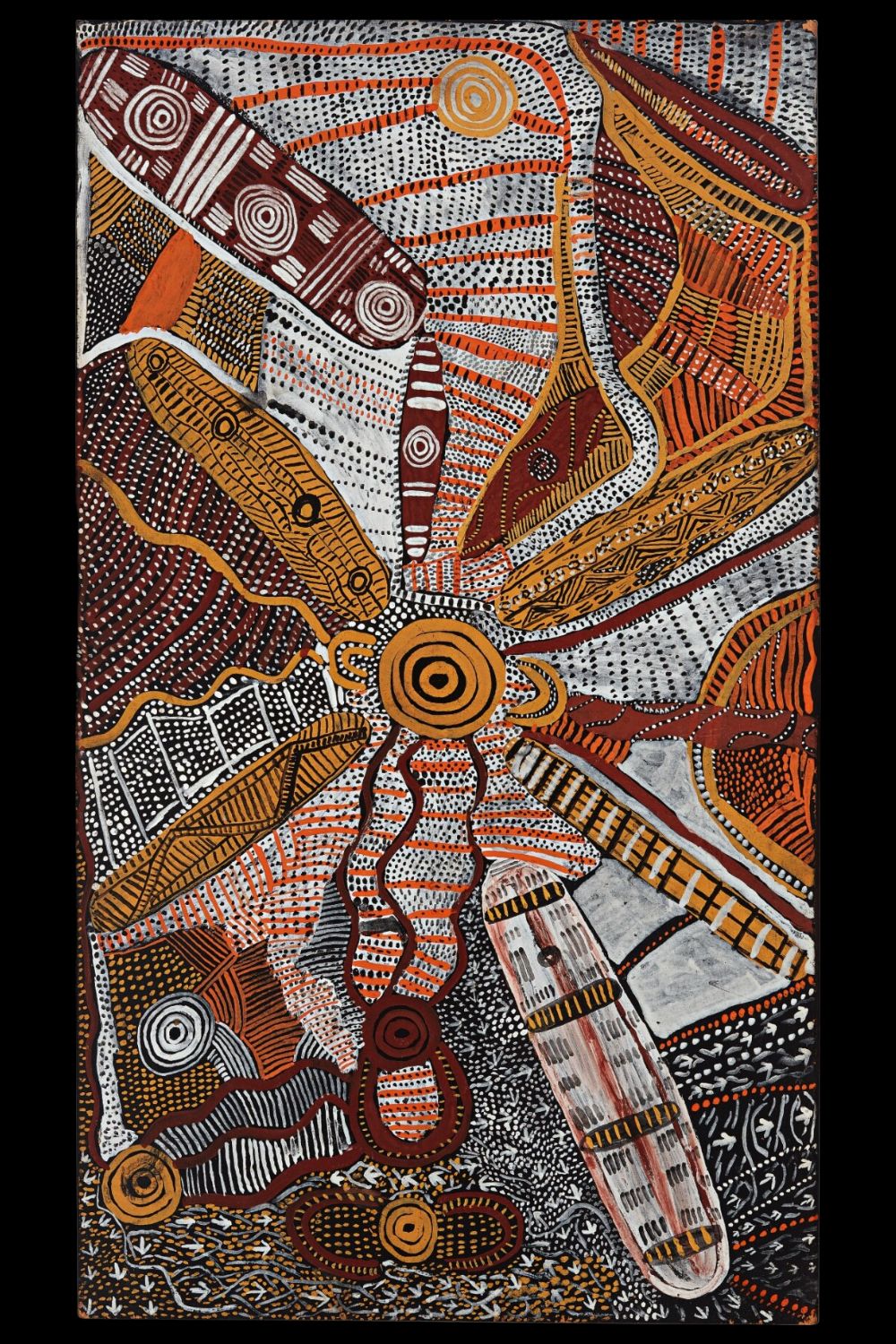 Papunya Art painting featuring concentric circles, journey lines, and ceremonial symbols representing sacred sites and ancestral pathways in the Western Desert