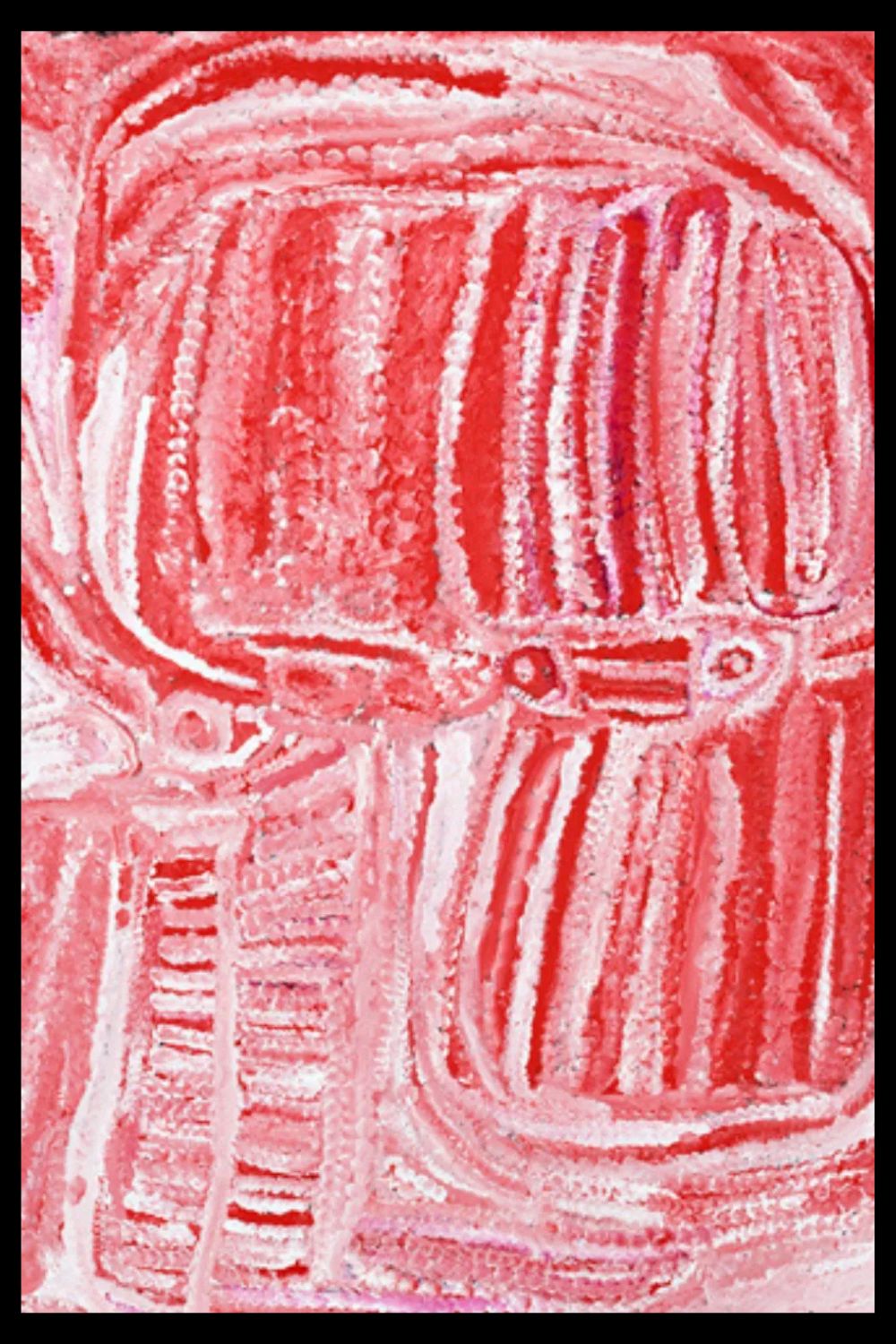 Balgo Aboriginal painting with luminous pink, red, and white brushwork representing ancestral Country and Dreaming narratives from the Western Desert