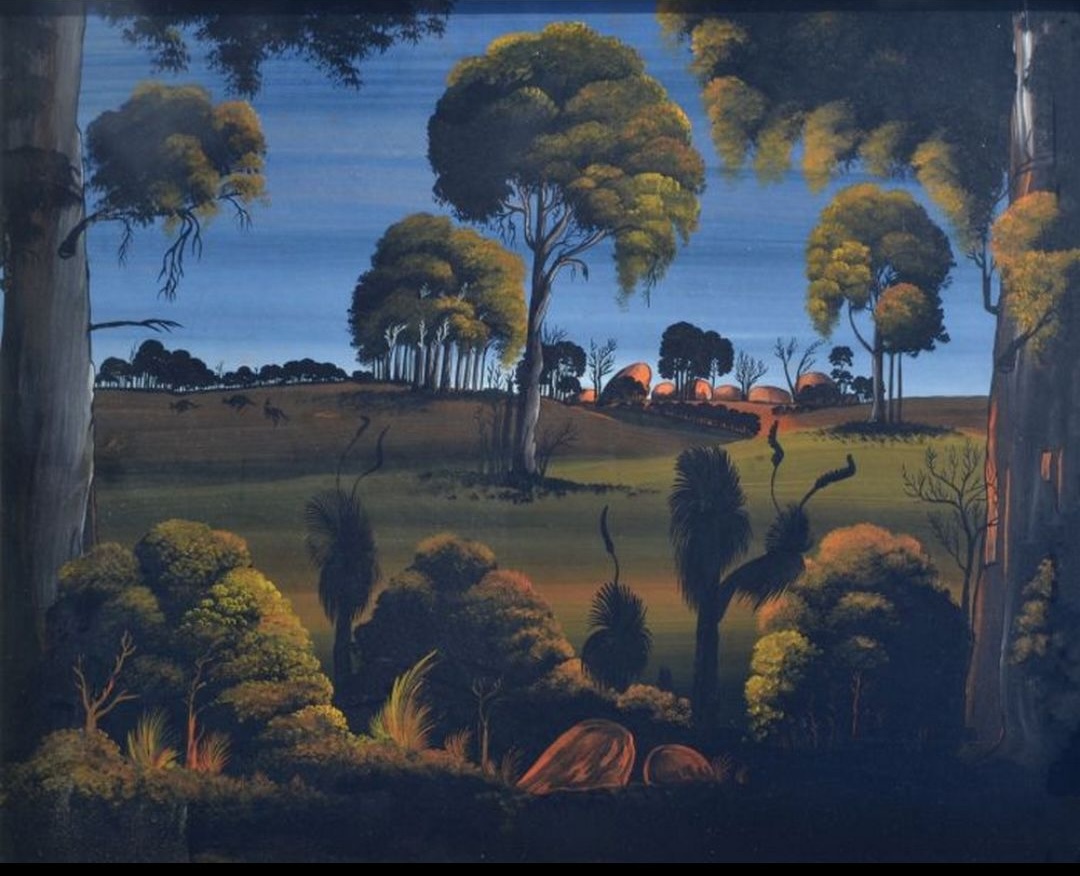 Carrolup Art landscape showing eucalyptus trees, bushland, and distant hills in Noongar Country, Western Australia.